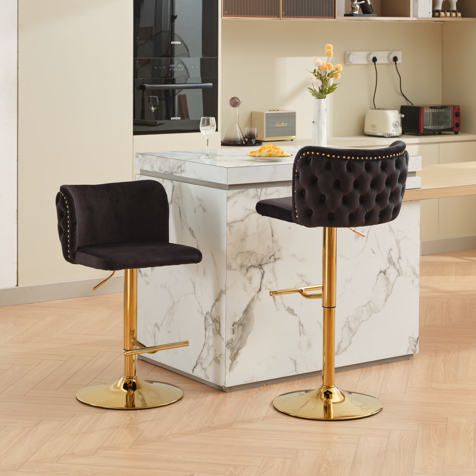 Swivel Barstools Adjusatble Seat Height With Gold Plating Base, Classic Velvet Upholstered Bar Stools With The Whole Back Tufted, For Home Pub And Kitchen Island,Black,Set Of 2 Black American Design Bar Stools Set Of 2 Foam Velvet