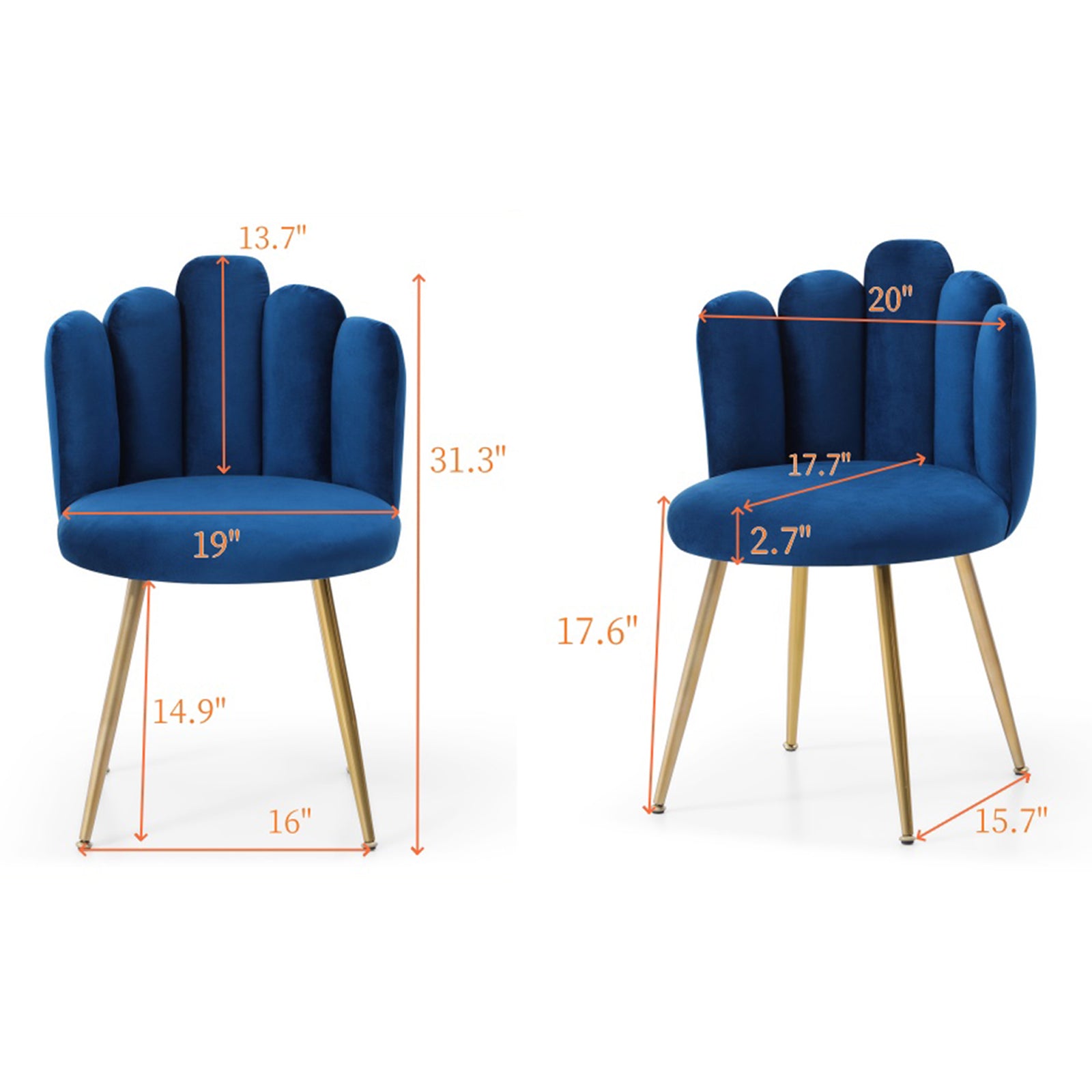 Modern Velvet Dining Chairs Set Of 2, Upholstered Woven Dining Chair With Golden Metal Legs, Upholstered Dining Chairs For Dining Room, Kitchen, Vanity, Living Room Blue Primary Living Space Foam Velvet