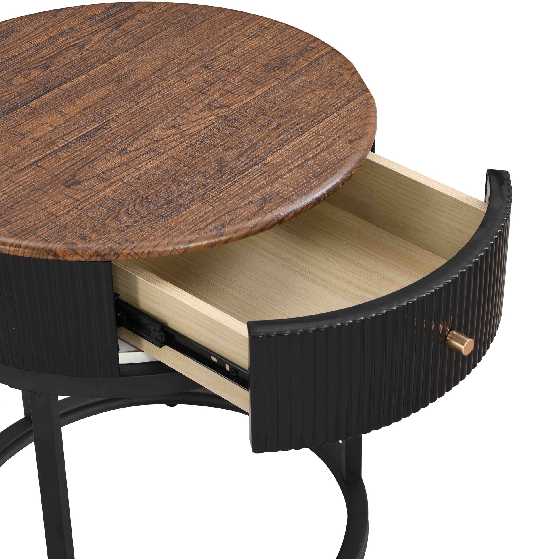 Round Nightstand With Drawer, 19.68 Inch Wood End Table With Storage, Small Table Or Living Room, Bedroom And Small Spaces Black Coffee & End Tables Iron