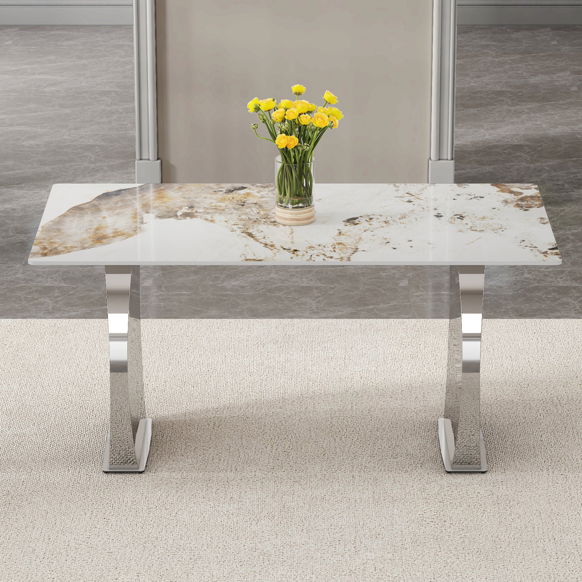 Modern Rectangular Dining Table, Imitation Marbled Rock Plate Table Top, Stainless Steel Table Legs, Suitable For Kitchen, Dining Room, Living Room 63 Inches * 31.4 Inches. Silver Sintered Stone