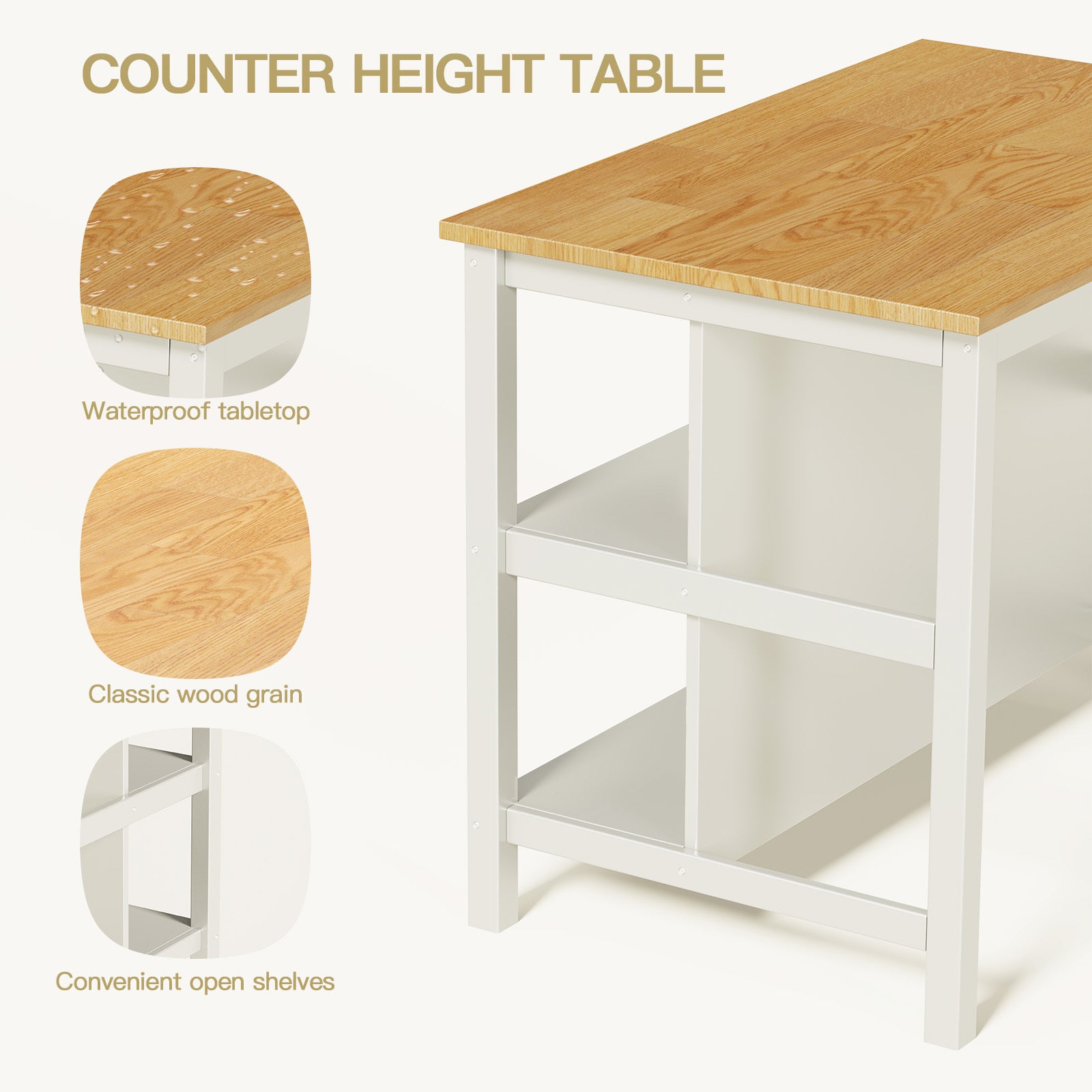 3 Pcs Dining Table Set Rustic Retro Breakfast Table Dining Stools Rubber Wood For 2 With Two Open Shelves For Small Space Kitchen Dining Room Cream White White Rubber Wood