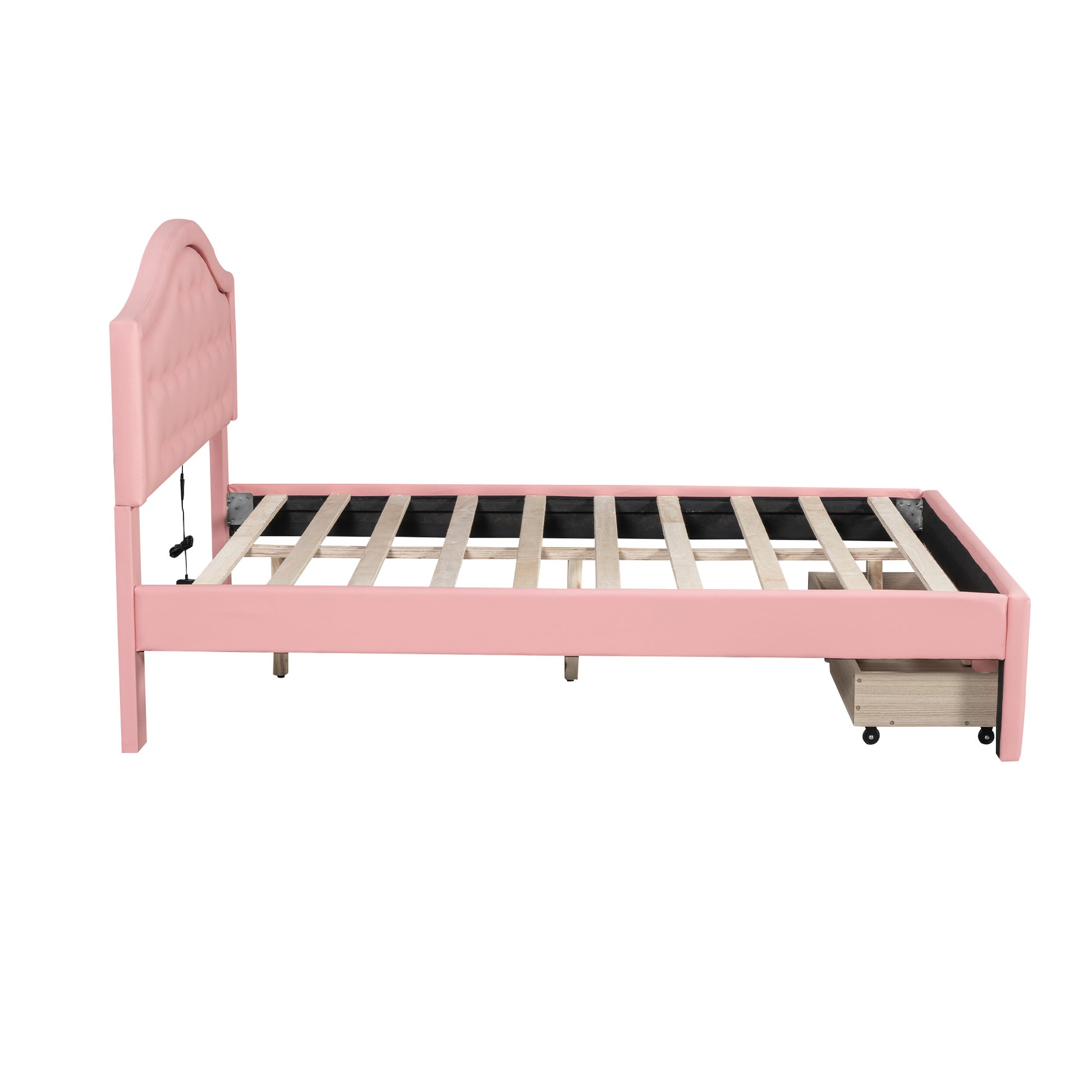 Full Size Upholstered Platform Bed With Tufted Headboard, Led And 2 Drawers, Pink Box Spring Not Required Full Pink Wood Bathroom Bed Frame Faux Leather Upholstered