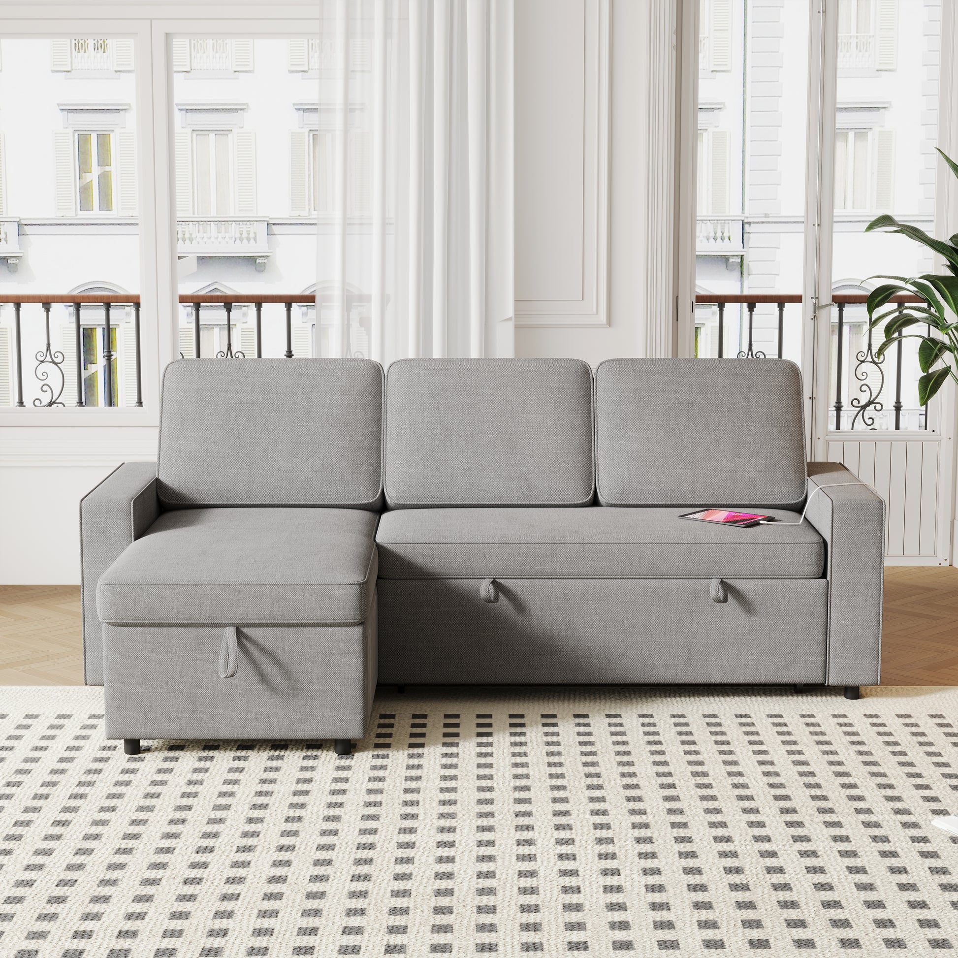 85.8" Pull Out Sleeper Sofa L Shaped Couch Convertible Sofa Bed With Storage Chaise And Storage Racks,With Usb Port And T Pyce Port Dark Grey Fabric 3 Seat