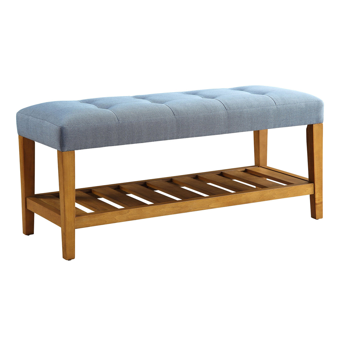 Light Blue And Oak Tufted Padded Seat Bench Light Blue Traditional Shelves Wood Fabric