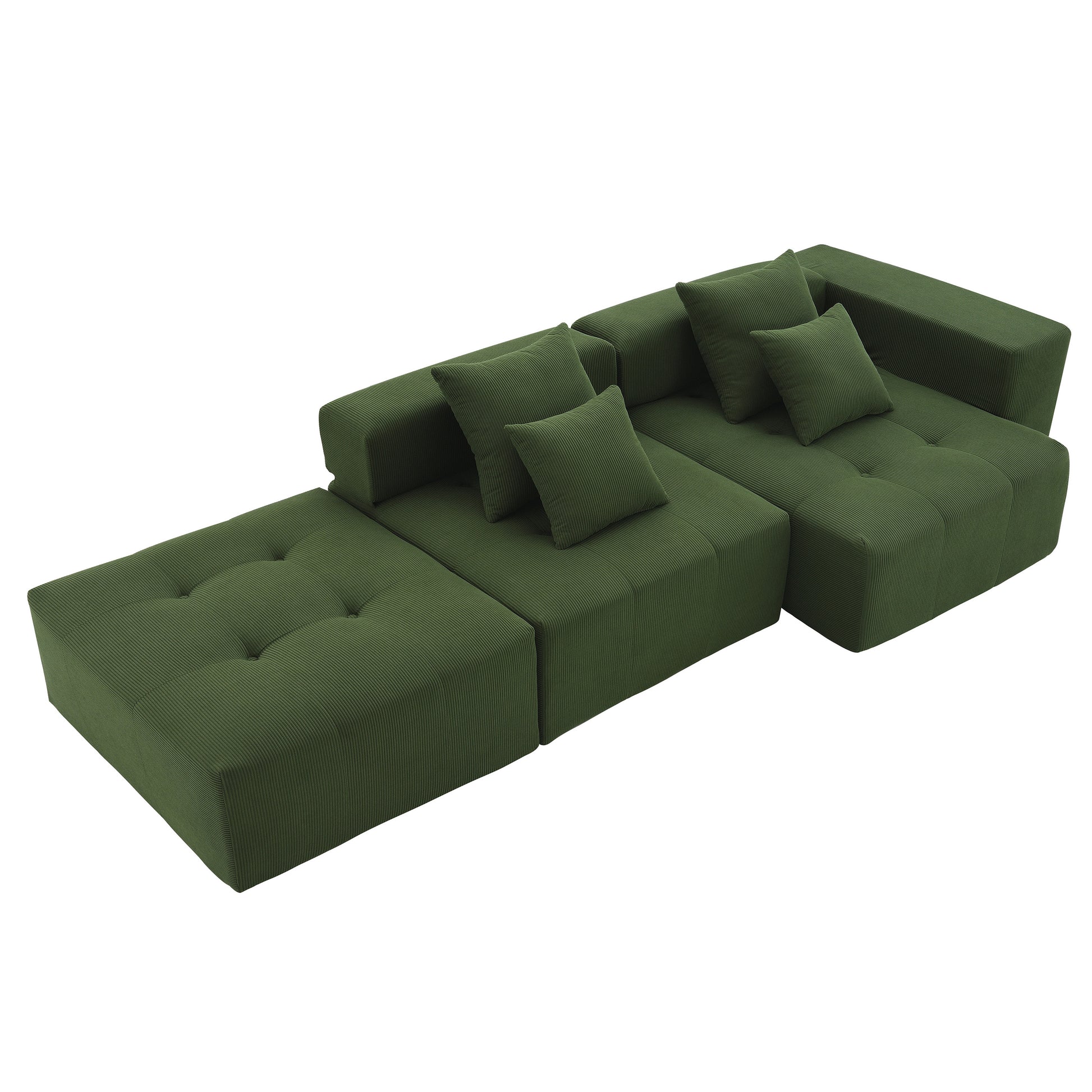 105.5'' L Shaped Modular Sectional Sofa,Minimalist Corduroy Floor Couch Set,Convertible Foam Filled Cloud Couch For Living Room,3 Pc Free Combination,No Assembly Required,3 Colors Green Corduroy 4 Seat