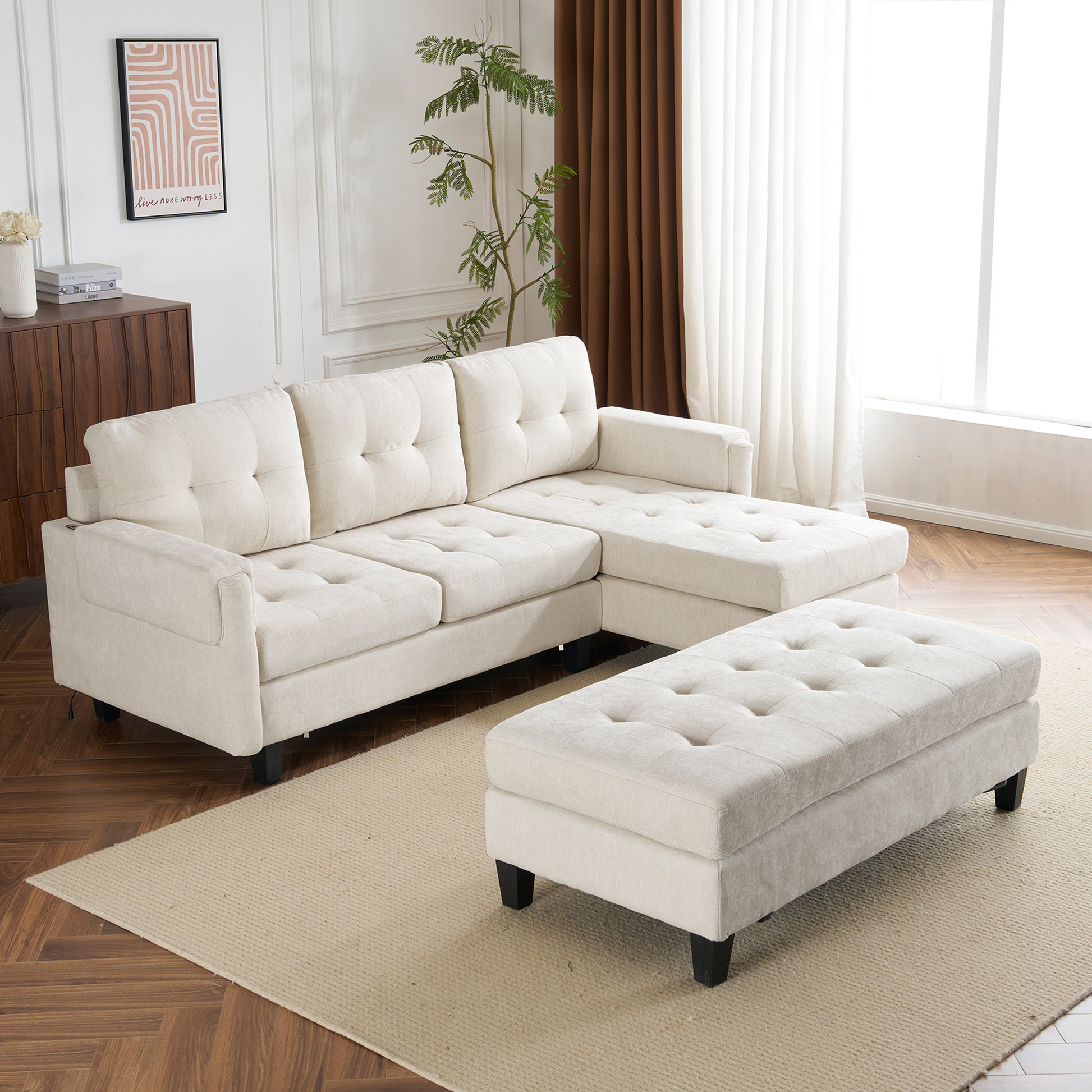 83.4" L Shaped Sofa Sectional Couch Sofa Bed With Two Usb Ports, A Movable Ottoman And A Reversible Chaise Lounge For Living Room, Beige Beige Foam Chenille 5 Seat