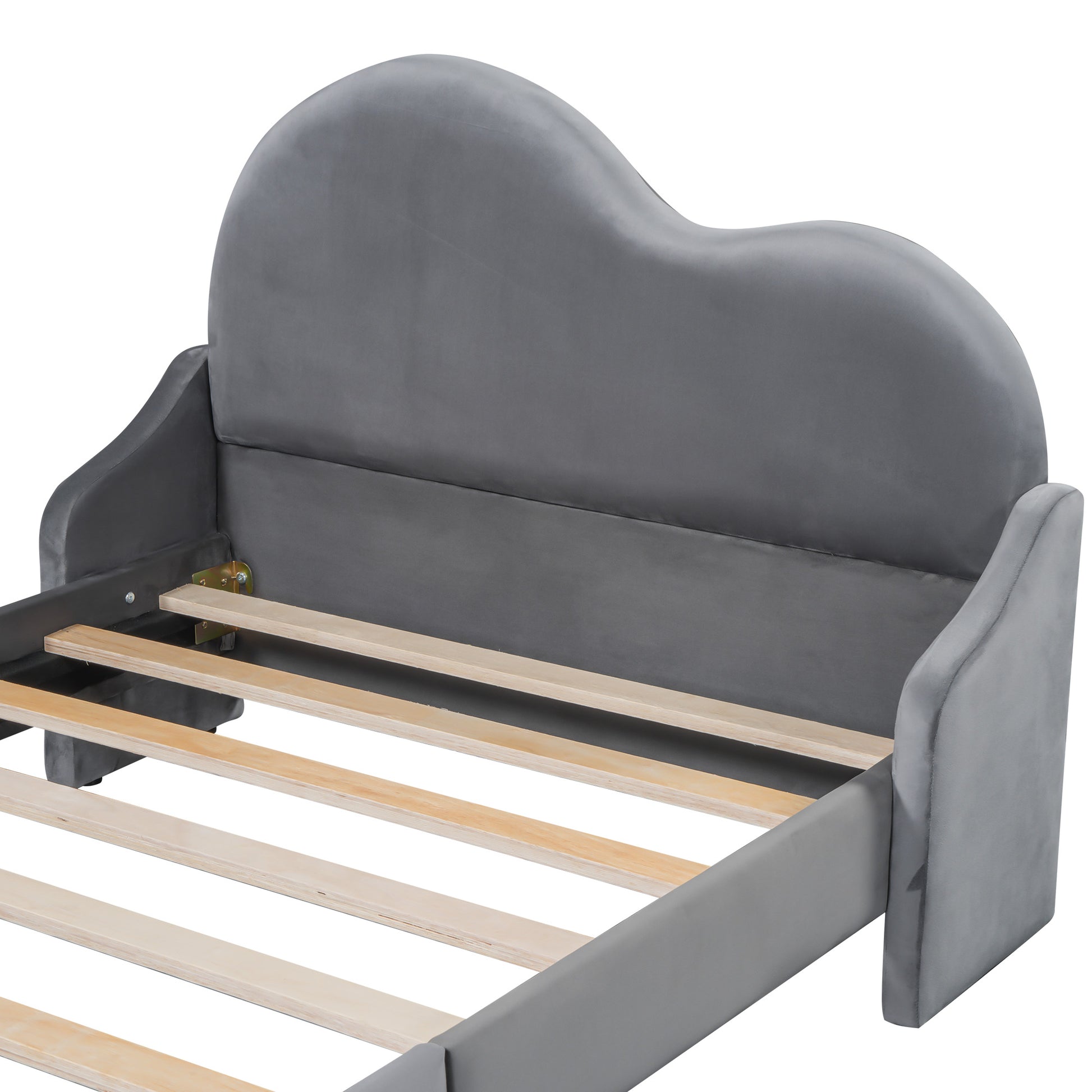 Twin Size Upholstered Platform Bed With Cloud Shaped Headboard, Gray Box Spring Not Required Twin Gray Bedroom Polyester Upholstered