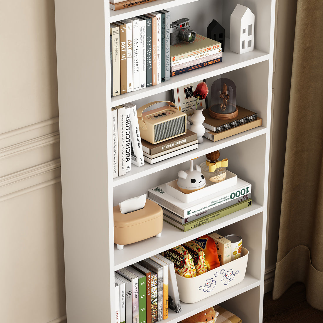 Bookshelf, 23.6 Inches Wide, 6 Tier Open Bookcase With Adjustable Storage Shelves, Floor Standing Unit, Cloud White Milk White Wood