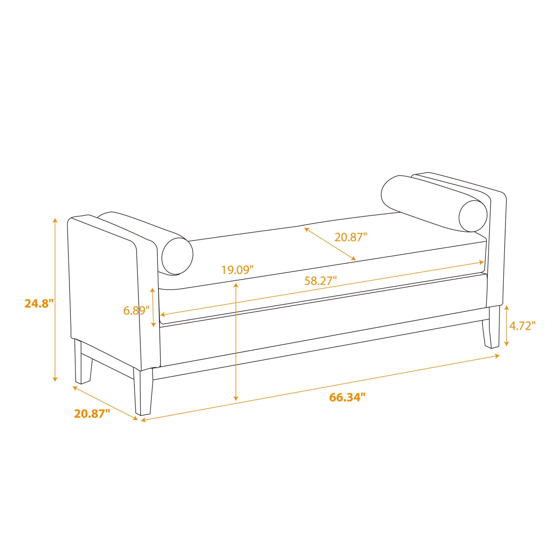 66.34"W Elegant Upholstered Bench,Daybed, Ottoman With Wood Legs & 2 Bolster Pillows For End Of Bed, Bedroom, Living Room, Entryway,Ivory Boucle Ivory Boucle