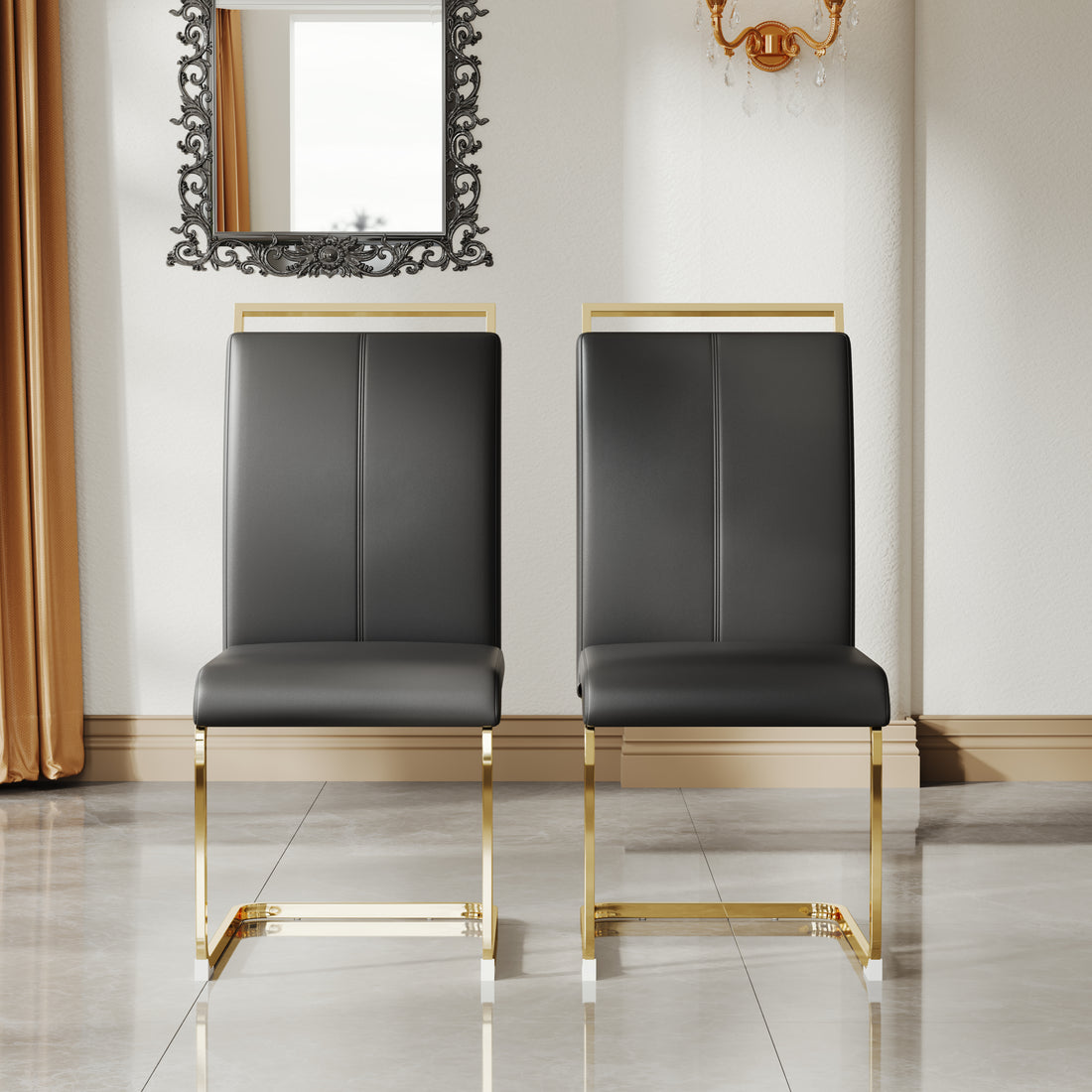 A Set Of 4 Artificial Leather Dining Chairs, Featuring An Arched Chair Design And Paired With Stainless Steel Legs. Black Gold Pu Leather