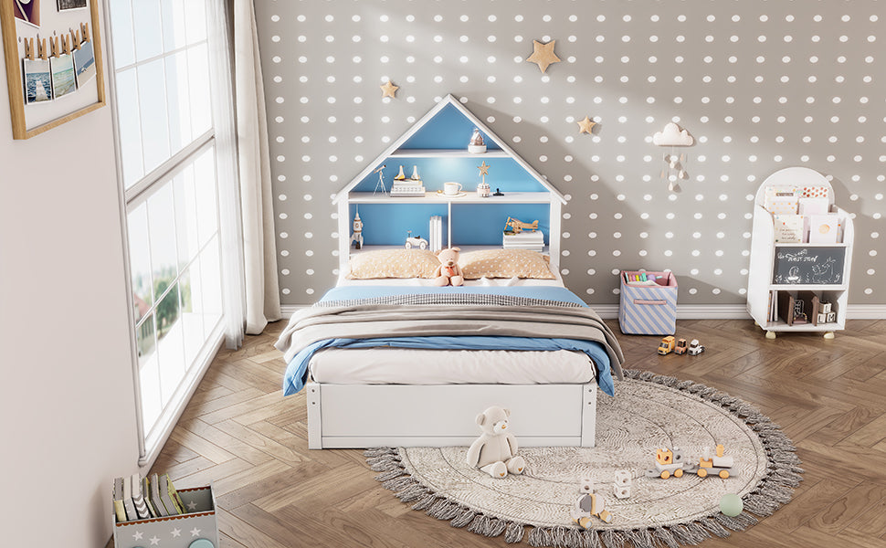 Full Size House Shaped Bed With Bookcase Headboard And Led Light And Twin Size Trundle For Kids Boys Girls, Blue White Box Spring Not Required Full White Blue Wood Bedroom Cute Bed Frame Wood