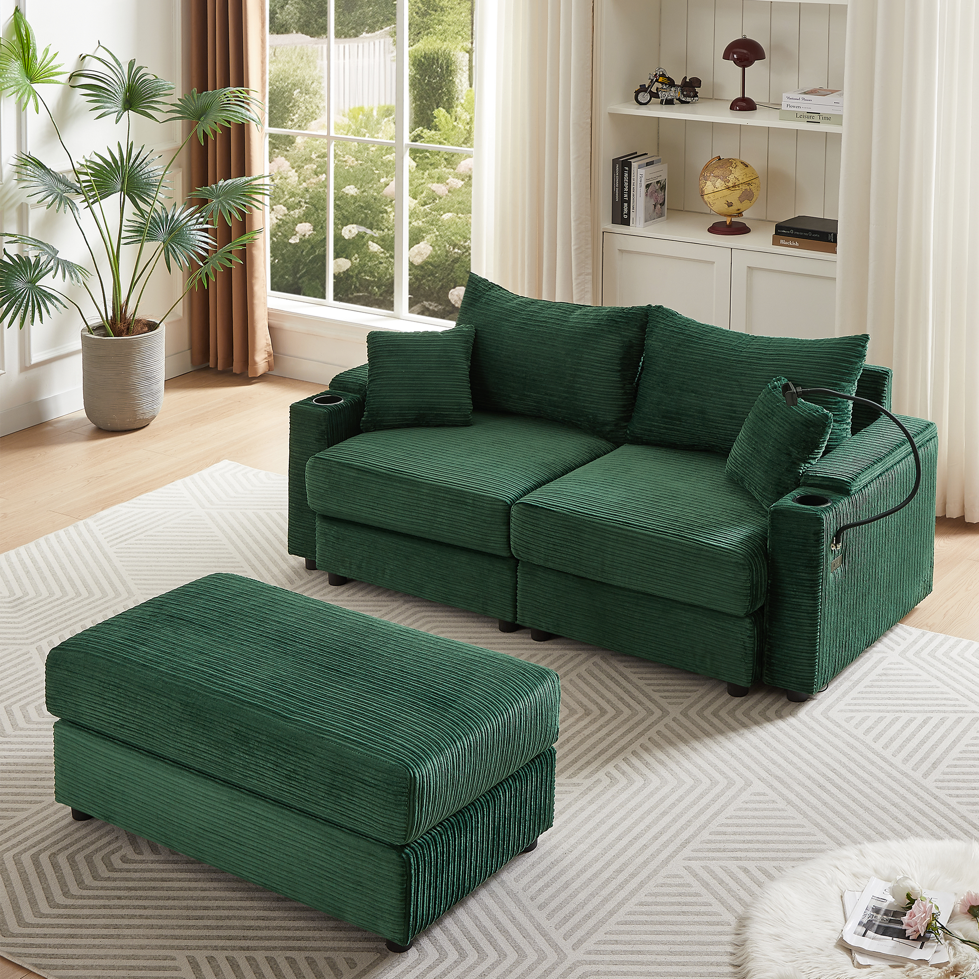 72.8" Modern Style Loveseat Sofa Sectional Sofa Couch With Storage Space, A Movable Ottoman, Two Usb Ports, Two Cup Holders, A Phone Holder For Living Room, Green Green Foam Corduroy 3 Seat