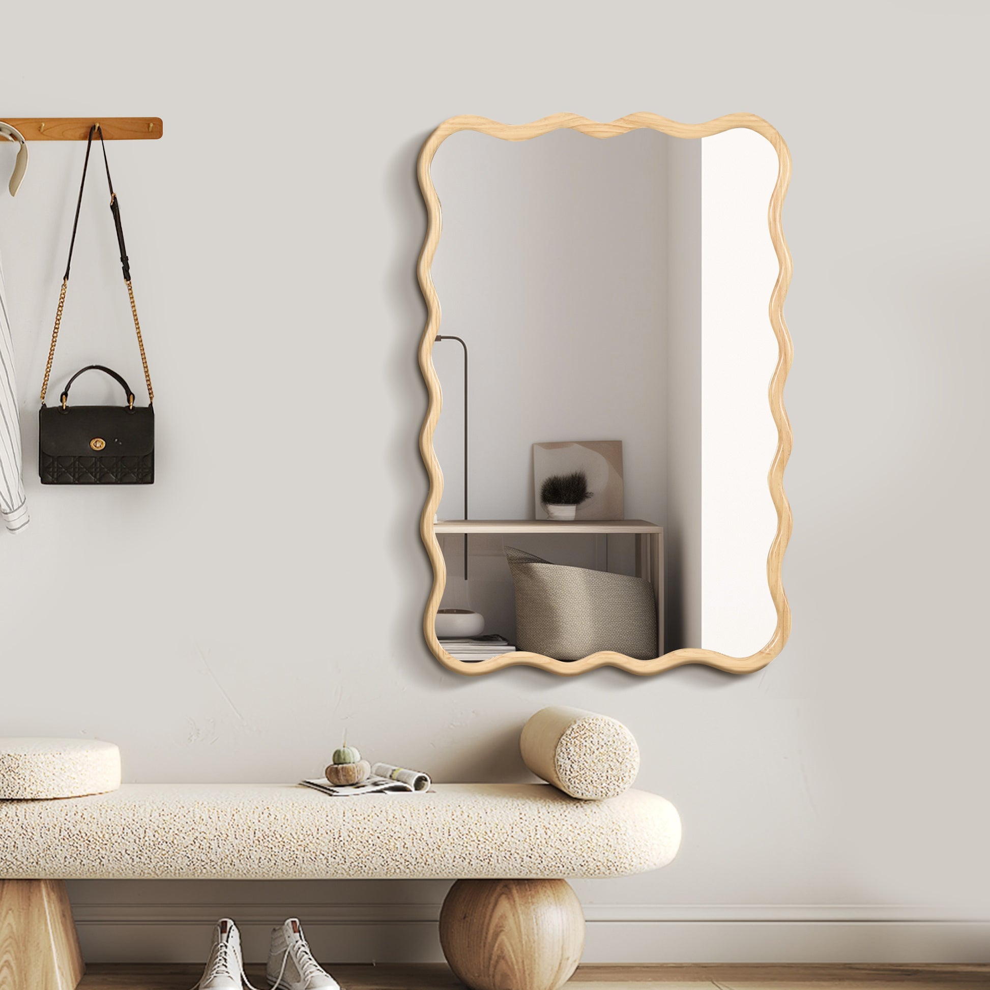 Solid Wood Wavy Rectangle Mirror Natural Wood40" X 28" Modern Mirror Wall Decor For Bathroom, Bedroom, Living Room, Dining Room, Cloakroom, Entryway Natural Wood Glass Solid Wood