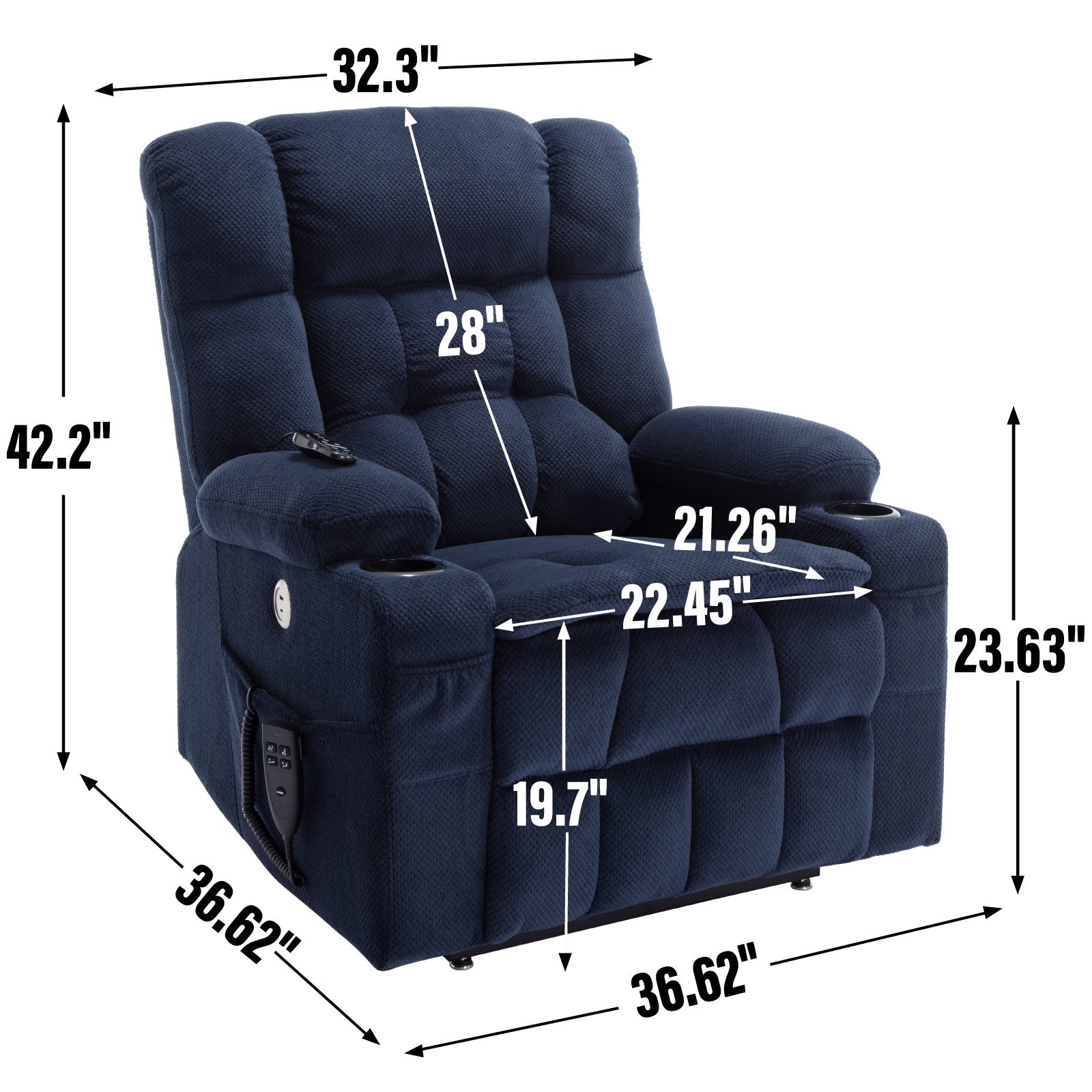 Blue Dual Motor Infinite Position Up To 350 Lbs Chenille Power Lift Recliner Chair, Heavy Duty Motion Mechanism With 8 Point Vibration Massage And Lumbar Heating, Dual Cup Holders White Metal