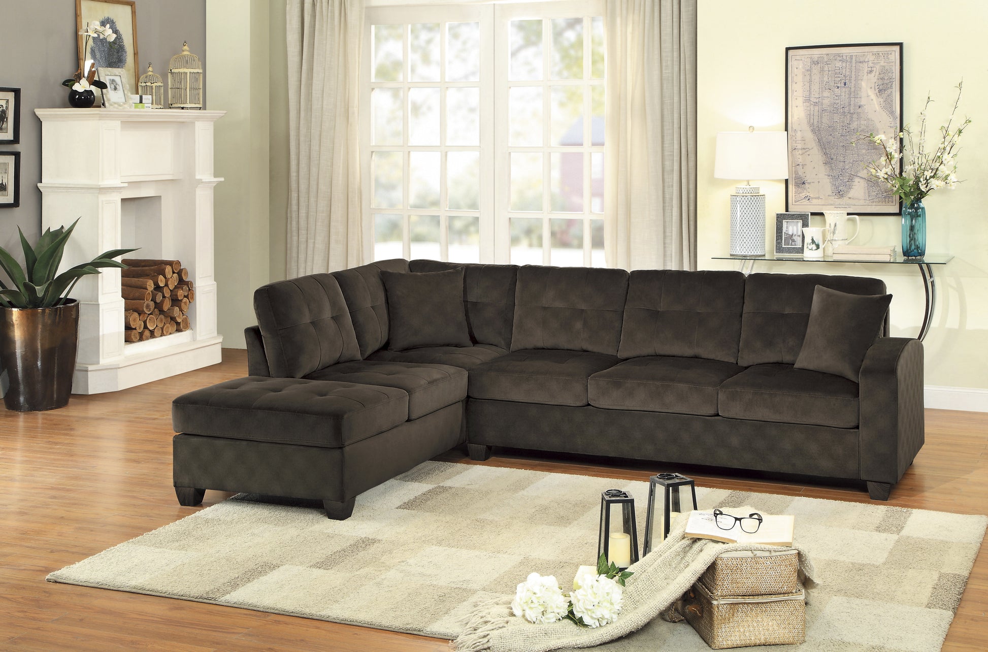 2 Piece Reversible Sectional With Chaise Tufted Detail Chocolate Microfiber Upholstered Modern Living Room Furniture Chocolate Microfiber Primary Living Space L Shaped Plywood,Solid Wood 5 Seat