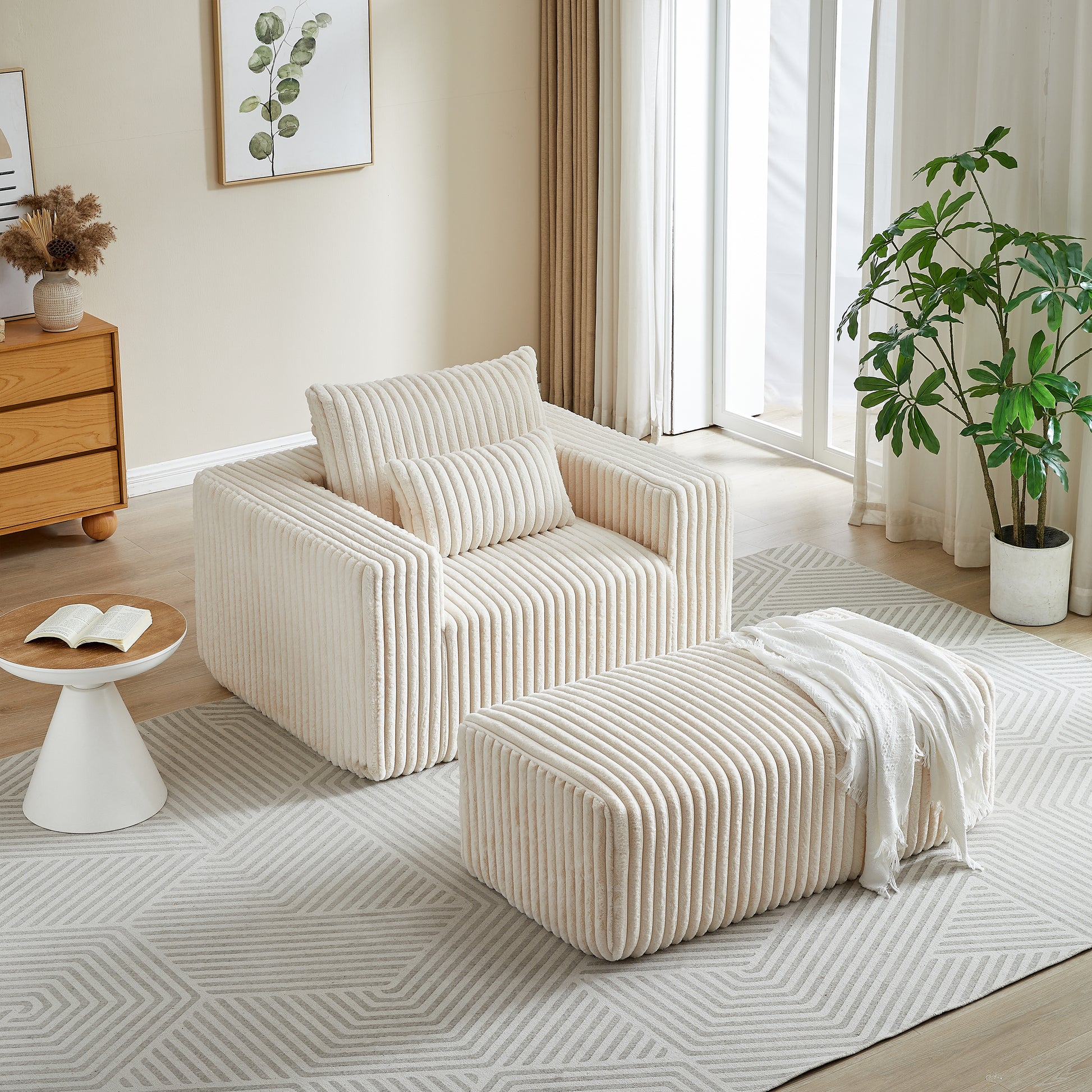 62.5 Inch Corduroy Sponge Sofa Lounge Chair With Removable Footrest,No Assembly Required,Fluffy Modern Sleeper Chair For Indoor Living Room Bedroom Beige Foam Corduroy 1 Seat