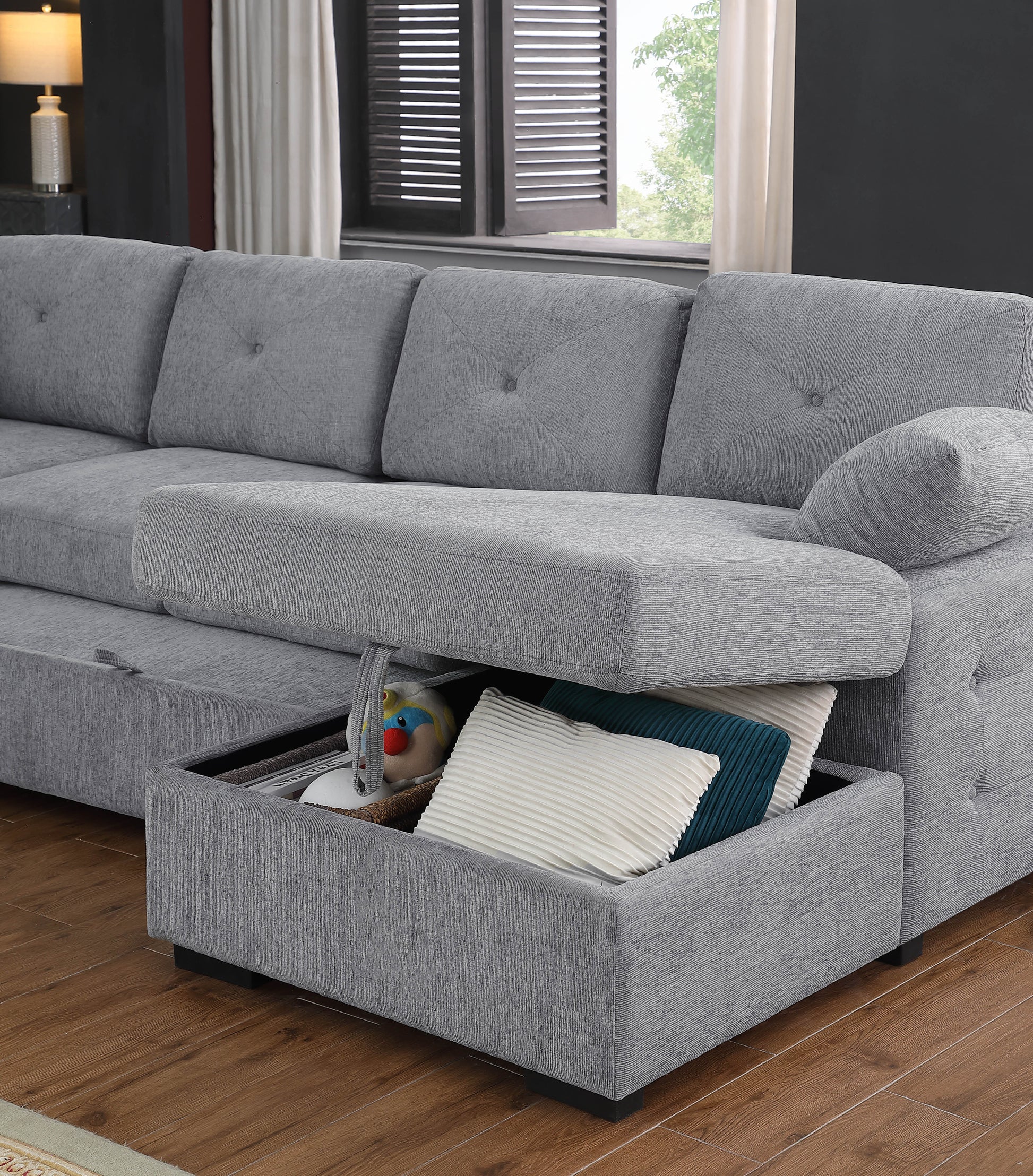 Nyhan Upholstered Corner Sectional With Pull Out Loveseat And Storaged Chaise Light Gray Medium Firm Cushion Back L Shaped Foam Chenille 5 Seat