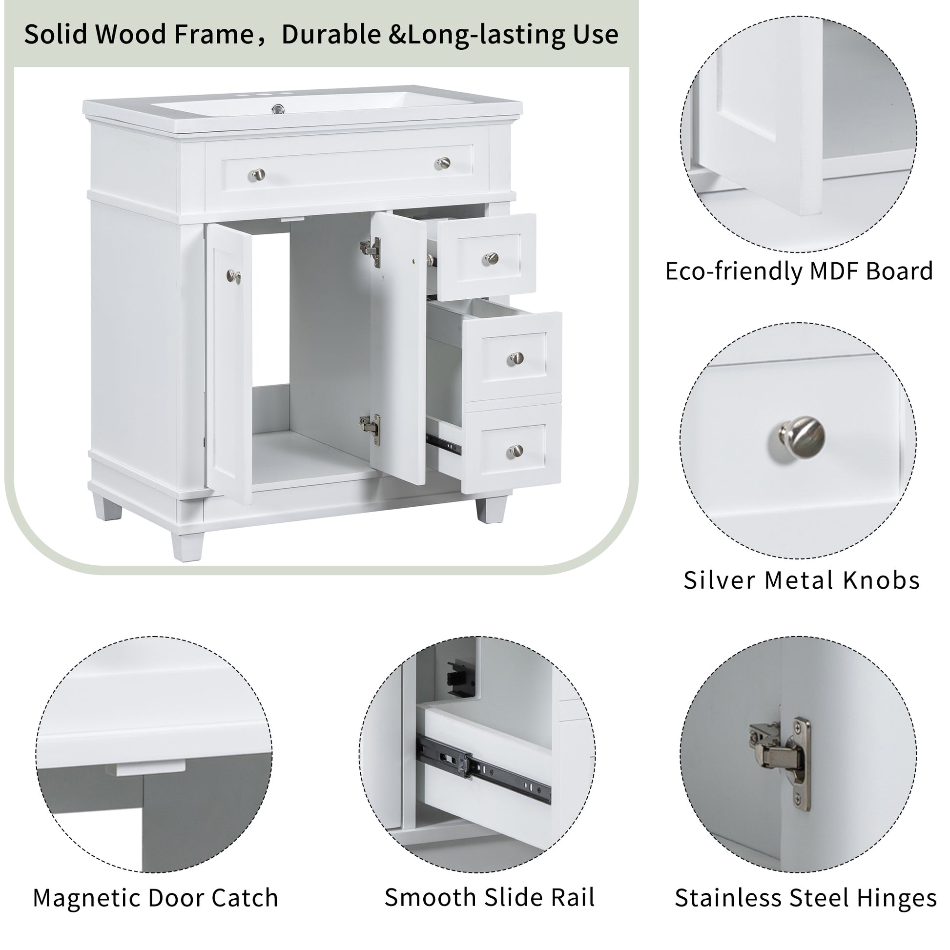 30" Bathroom Vanity Cabinet With Sink Combo Set, Undermount Resin Sink, Free Standing Vanity Set With 2 Drawers& Soft Closing Doors, Solid Wood Frame Bathroom Cabinet, White 2 White 2 1 Bathroom Freestanding Solid Wood Mdf Resin Painted