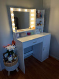 Vanity Desk With Mirror & Light, Large Drawer Three Level Storage Dresser, 3 Lighting Modes Adjustable Brightness, Bedroom Dressing Table White White Particle Board