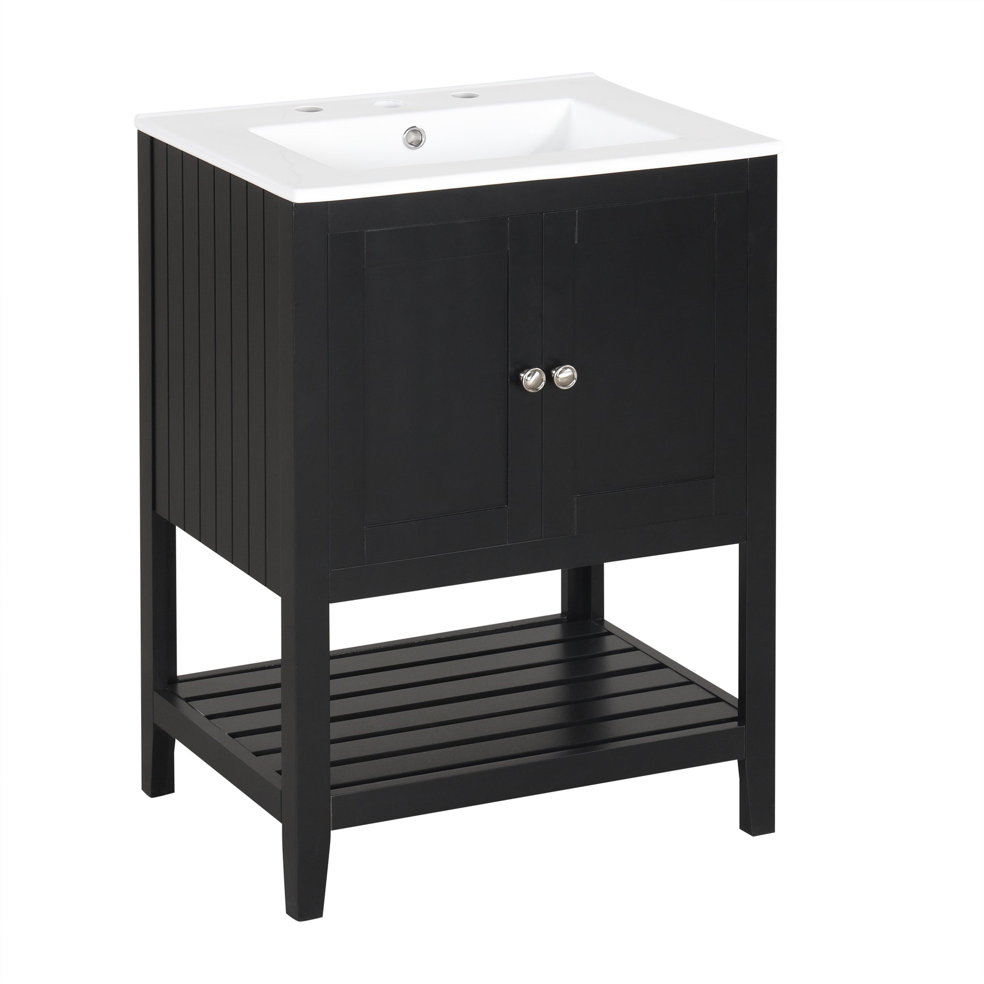 Video 24" Black Modern Sleek Bathroom Vanity Elegant Ceramic Sink With Solid Wood Frame Open Style Shelf Black Solid Wood Mdf