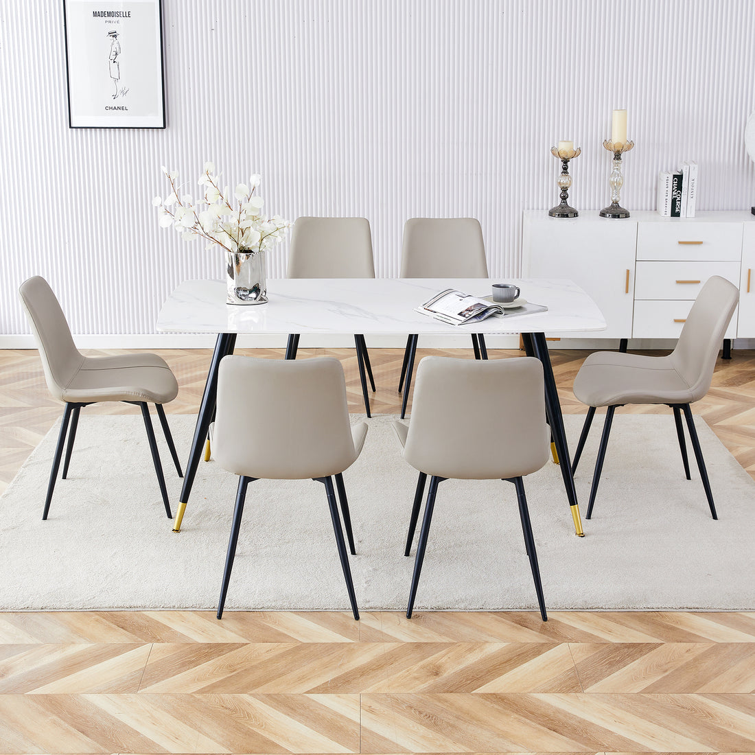 Table And Chair Set, White Imitation Marble Texture Rock Board Table Top, Black Metal Table Legs, Stable And Beautiful. Modern Simple Dining Table, Comfortable Seating. White Gray Metal