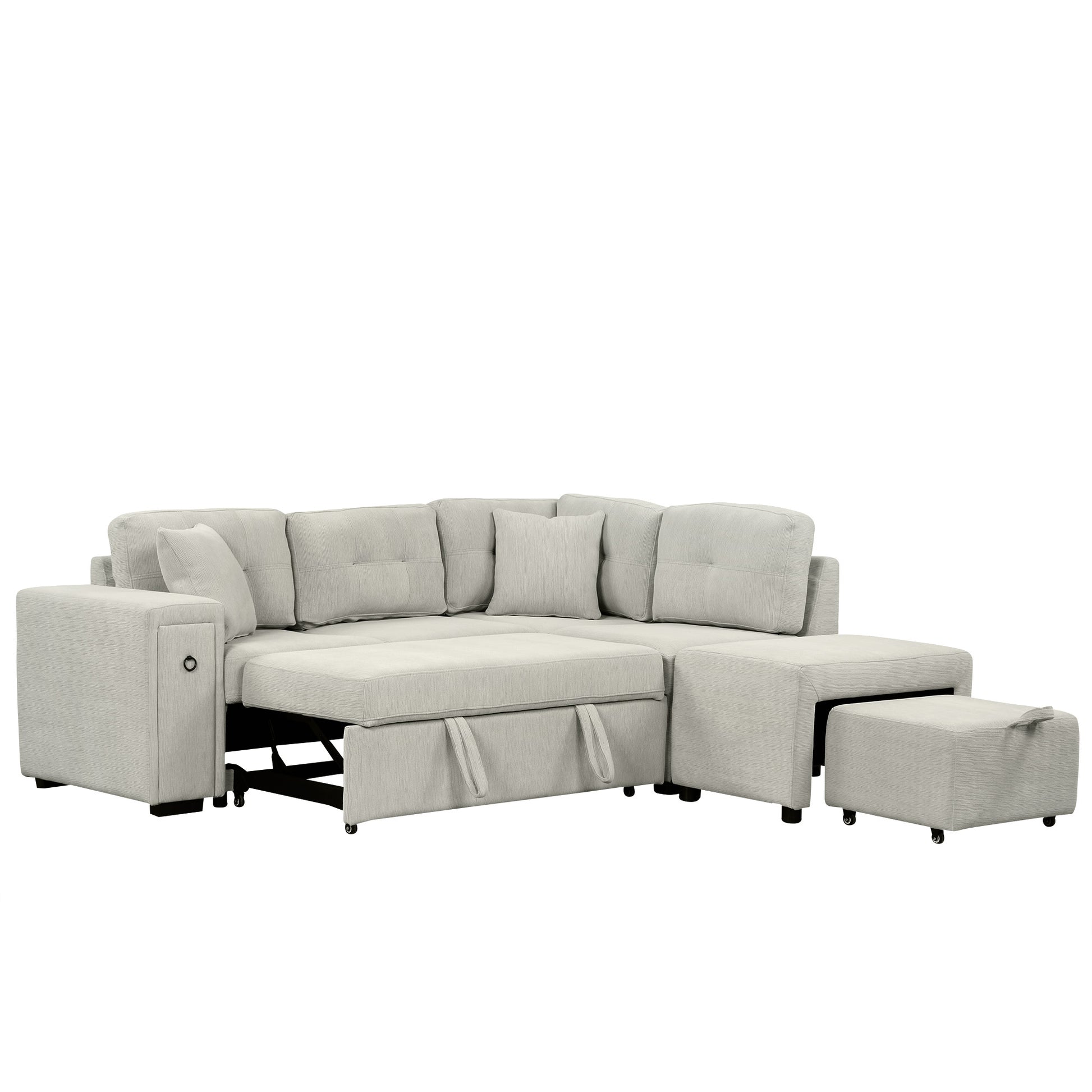 86.6" Sectional Sofa L Shaped Sofa Couch Pull Out Sofa Bed With A Movable Ottoman, Two Usb Ports And Two Cup Holders For Living Room, Gray Grey Foam Chenille 4 Seat