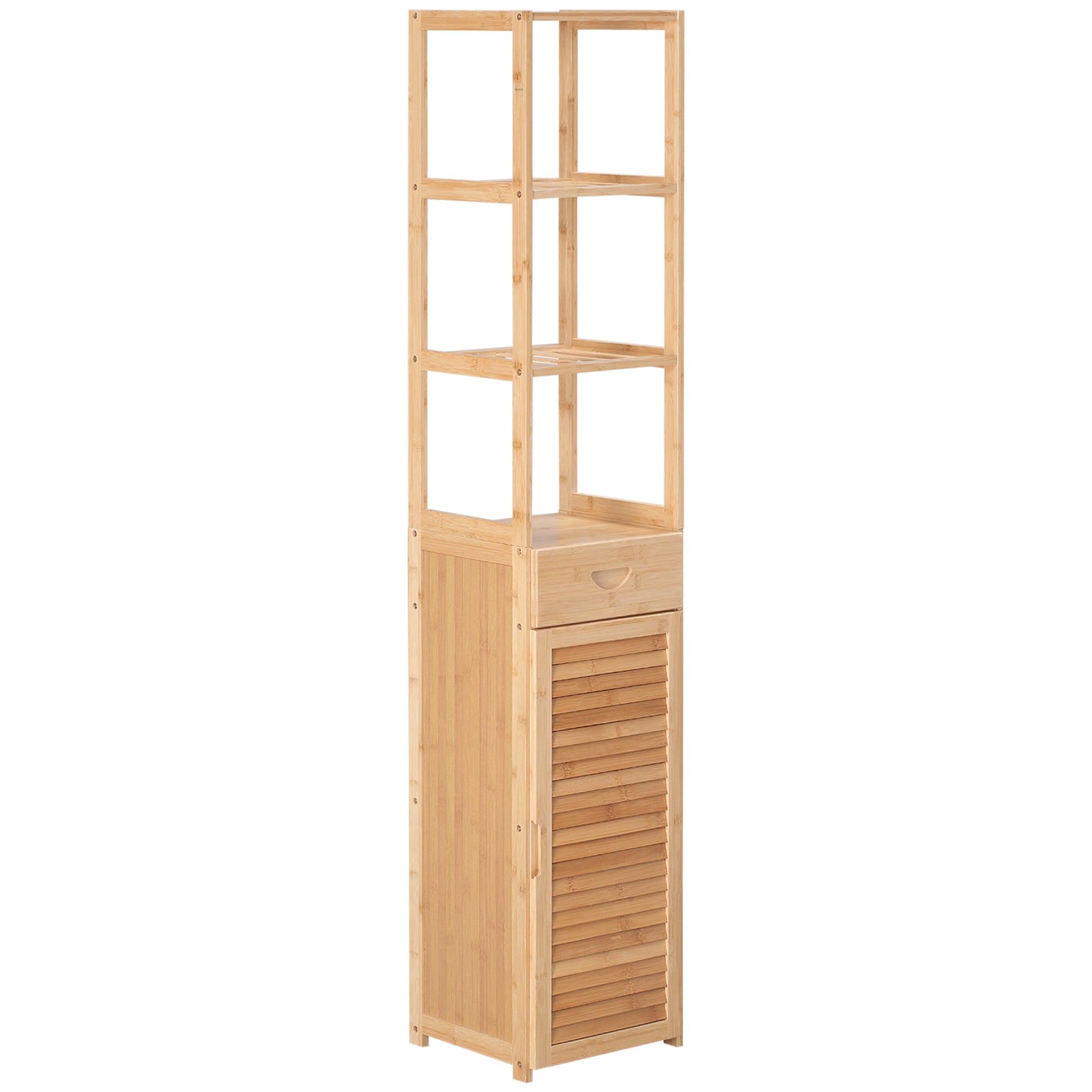 Kleankin Tall Bathroom Cabinet With Drawer And Slatted Shelves, Slim Bamboo Linen Tower With Louvered Door, Natural Natural Wood Bamboo