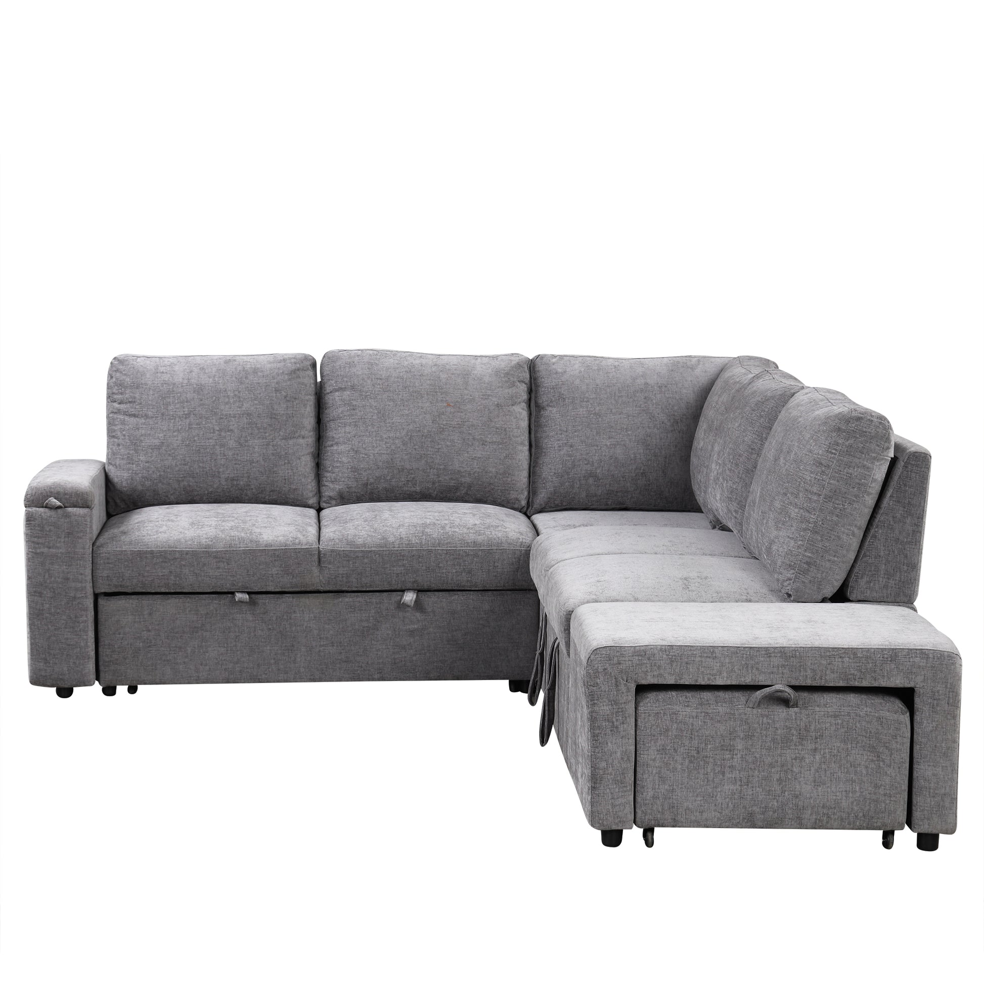 L Shaped Padded Modular Sofa With Storage Space, Usb Ports, And Cup Holders On The Armrests, Suitable For Living Rooms, Offices, And Apartments. Gray Wood Polyester 5 Seat