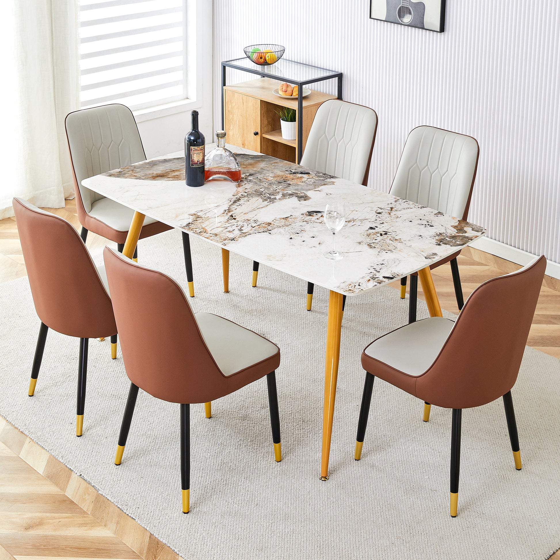 Table And Chair Set.Modern Minimalist Dining Table. White Imitation Marble Pattern Sintered Stone Desktop With Golden Metal Legs.Paried With 6 Comfortable Chairs With Pu Seats And Black Metal Legs.