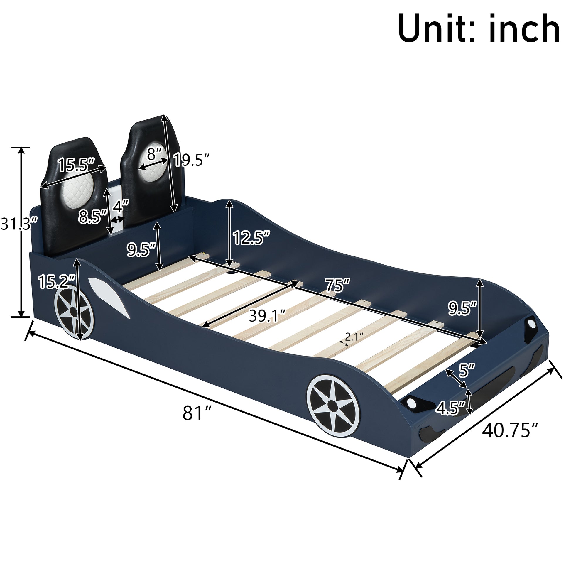 Wood Twin Size Race Car Shaped Platform Bed With Led And Upholstered Backrest, Blue Box Spring Not Required Twin Blue Wood Faux Leather,Solid Wood Mdf