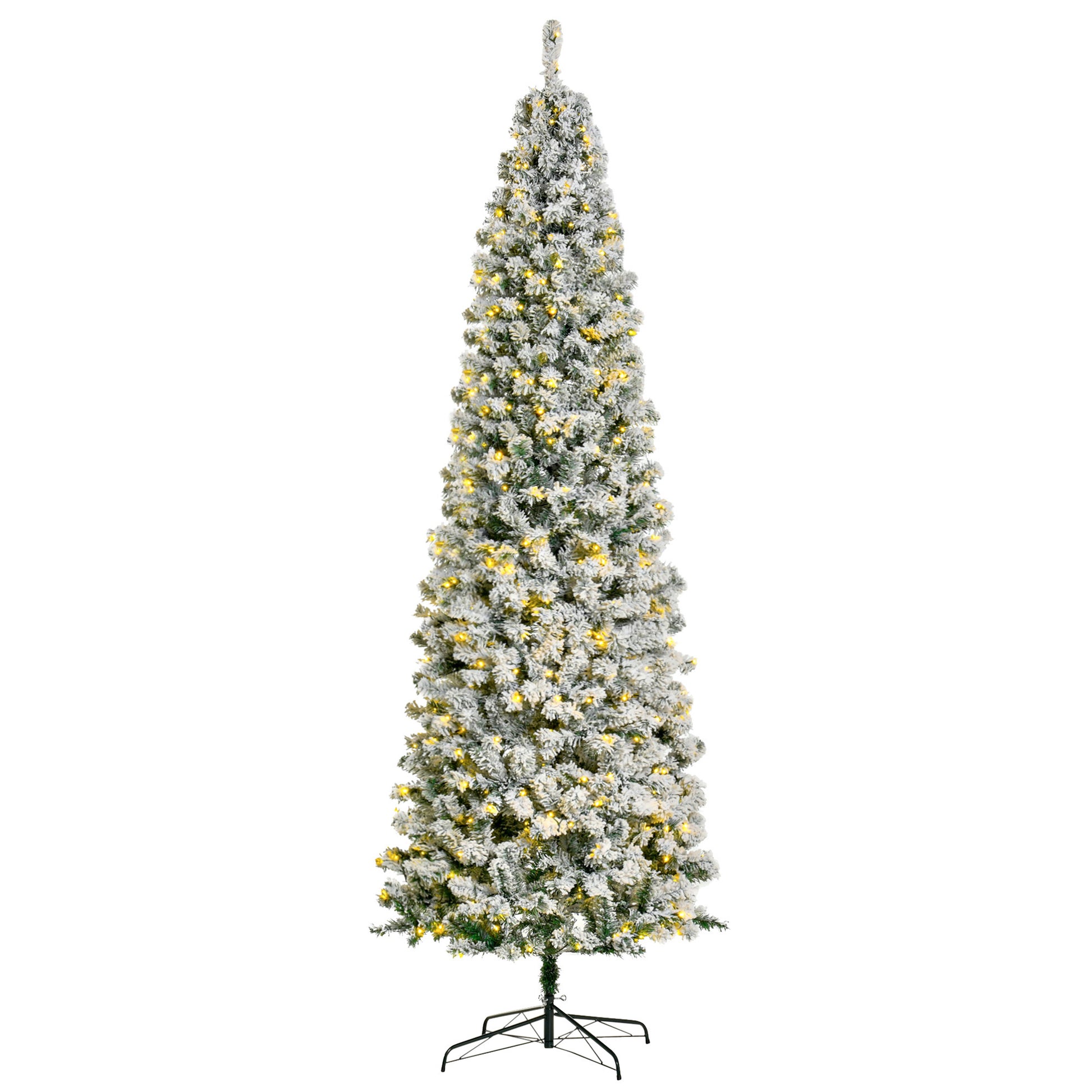 Homcom 9Ft Pre Lit Snow Flocked Slim Douglas Fir Artificial Christmas Tree With Realistic Branches, 550 Led Lights And 988 Tips Green Pvc