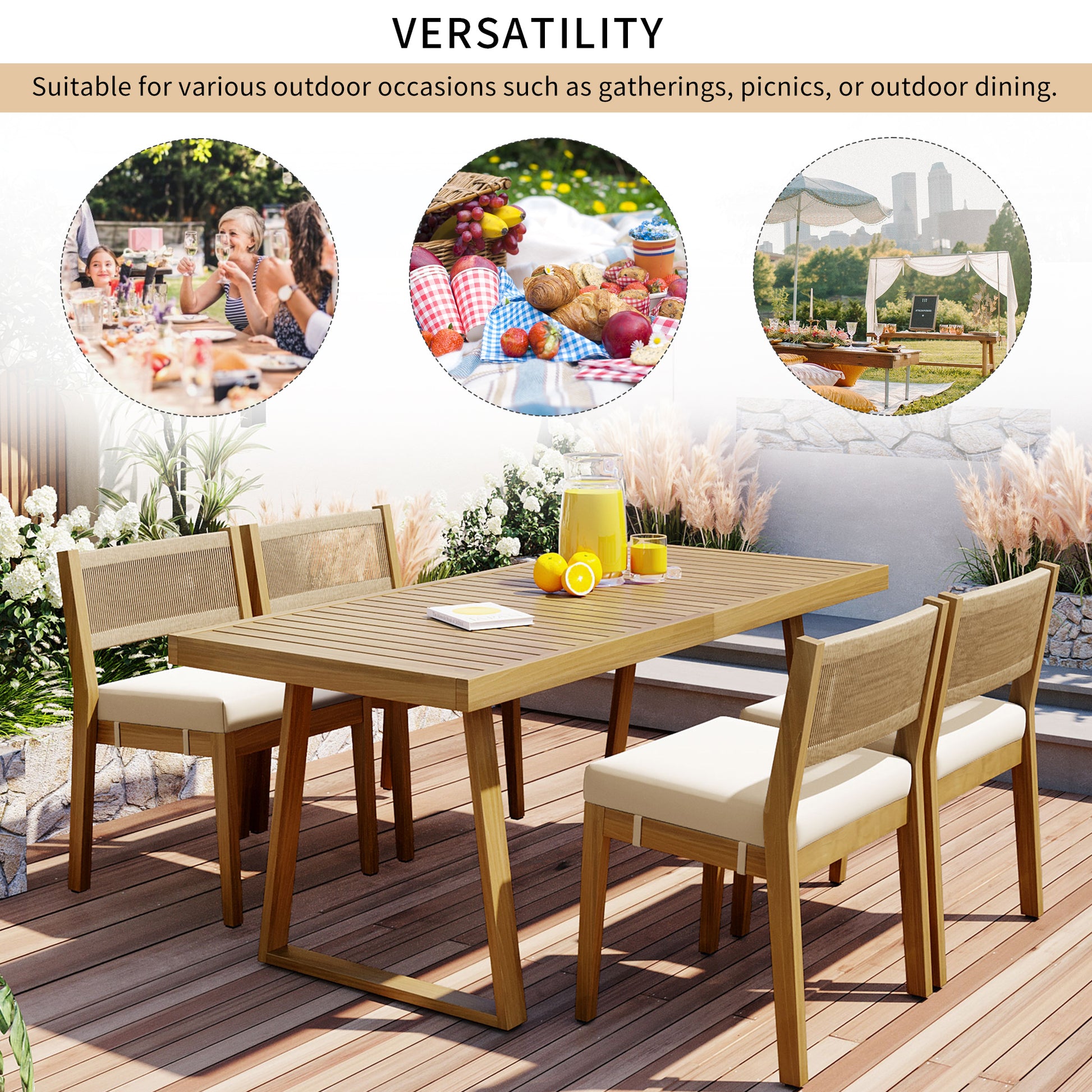 Multi Person Outdoor Acacia Wood Dining Table And Chair Set, Thick Cushions, Suitable For Balcony, Vourtyard, And Garden. Beige Acacia Wood