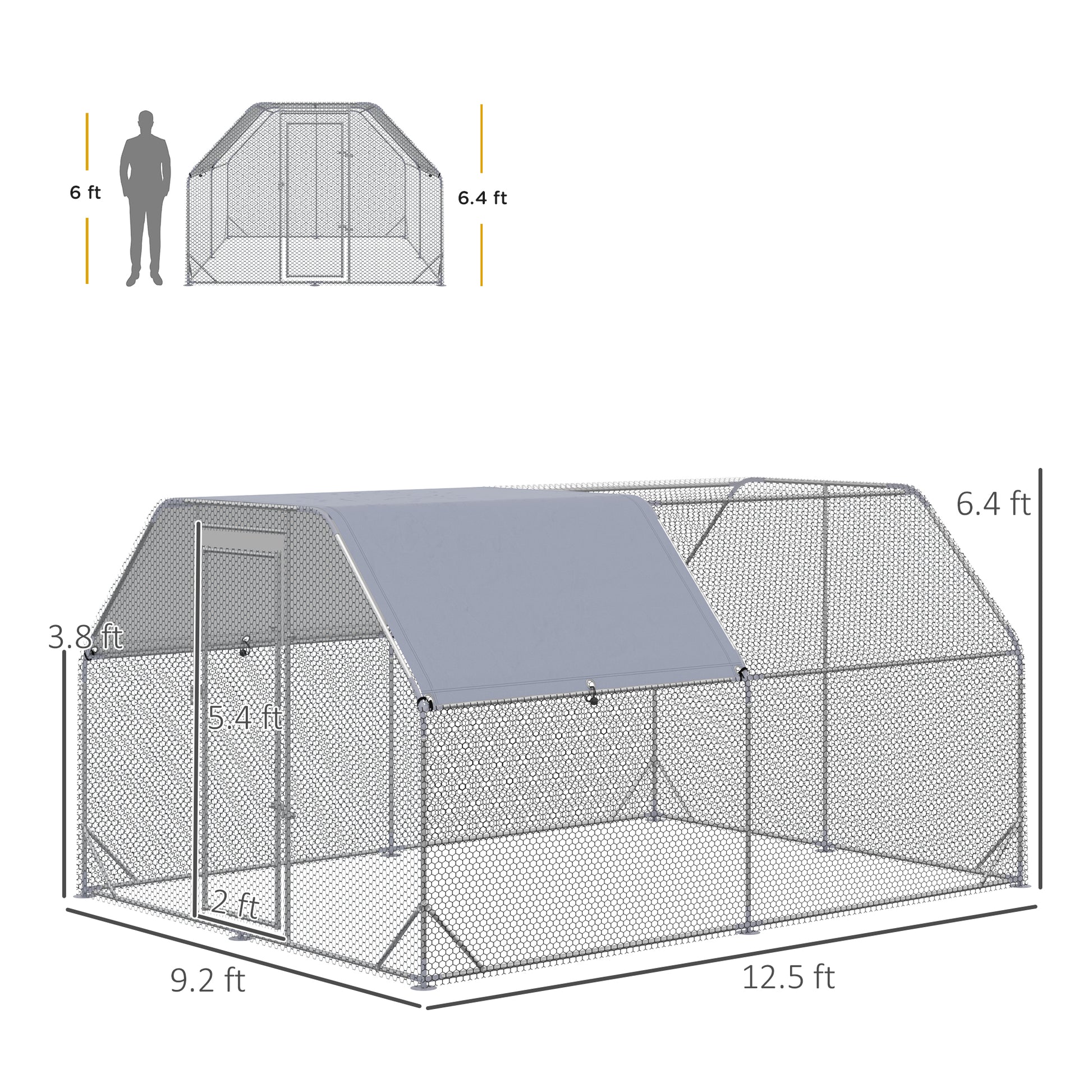 Pawhut Large Chicken Coop Metal Chicken Run With Waterproof And Anti Uv Cover, Flat Shaped Walk In Fence Cage Hen House For Outdoor And Yard Farm Use, 1" Tube Diameter, 9.2' X 12.5' X 6.4' Silver Steel