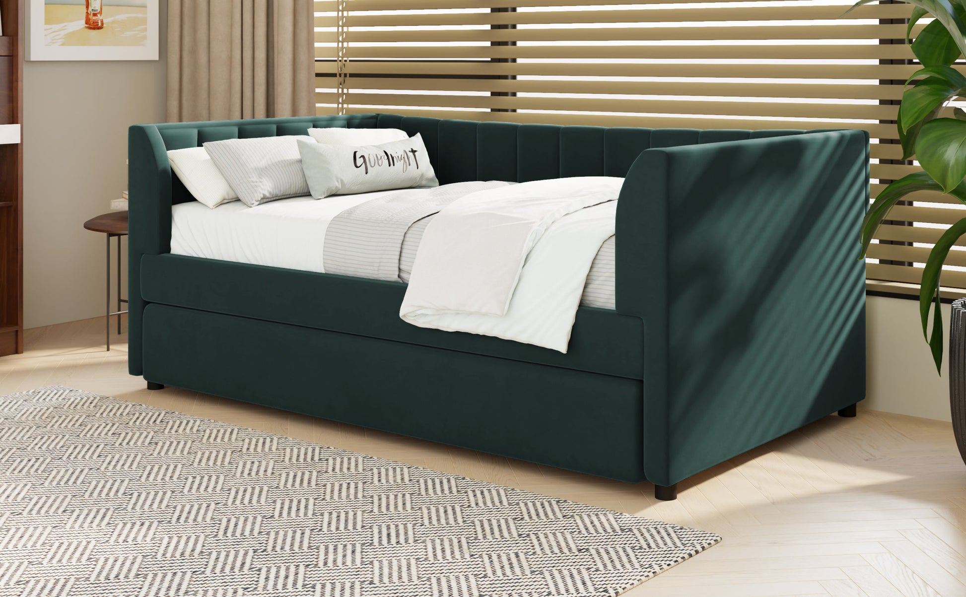 Twin Size Upholstered Velvet Daybed With Trundle, Green Box Spring Not Required Twin Green Wood Bedroom Bed Frame Velvet Upholstered