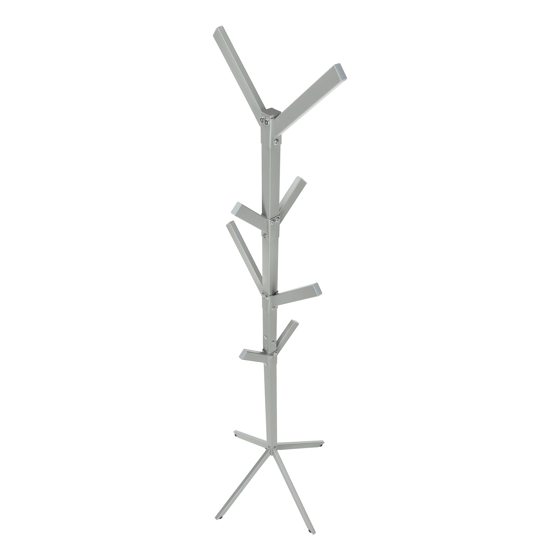 Coat Rack, Hall Tree, Free Standing, 8 Hooks, Entryway, 70"H, Bedroom, Grey Metal, Contemporary, Modern Silver Metal