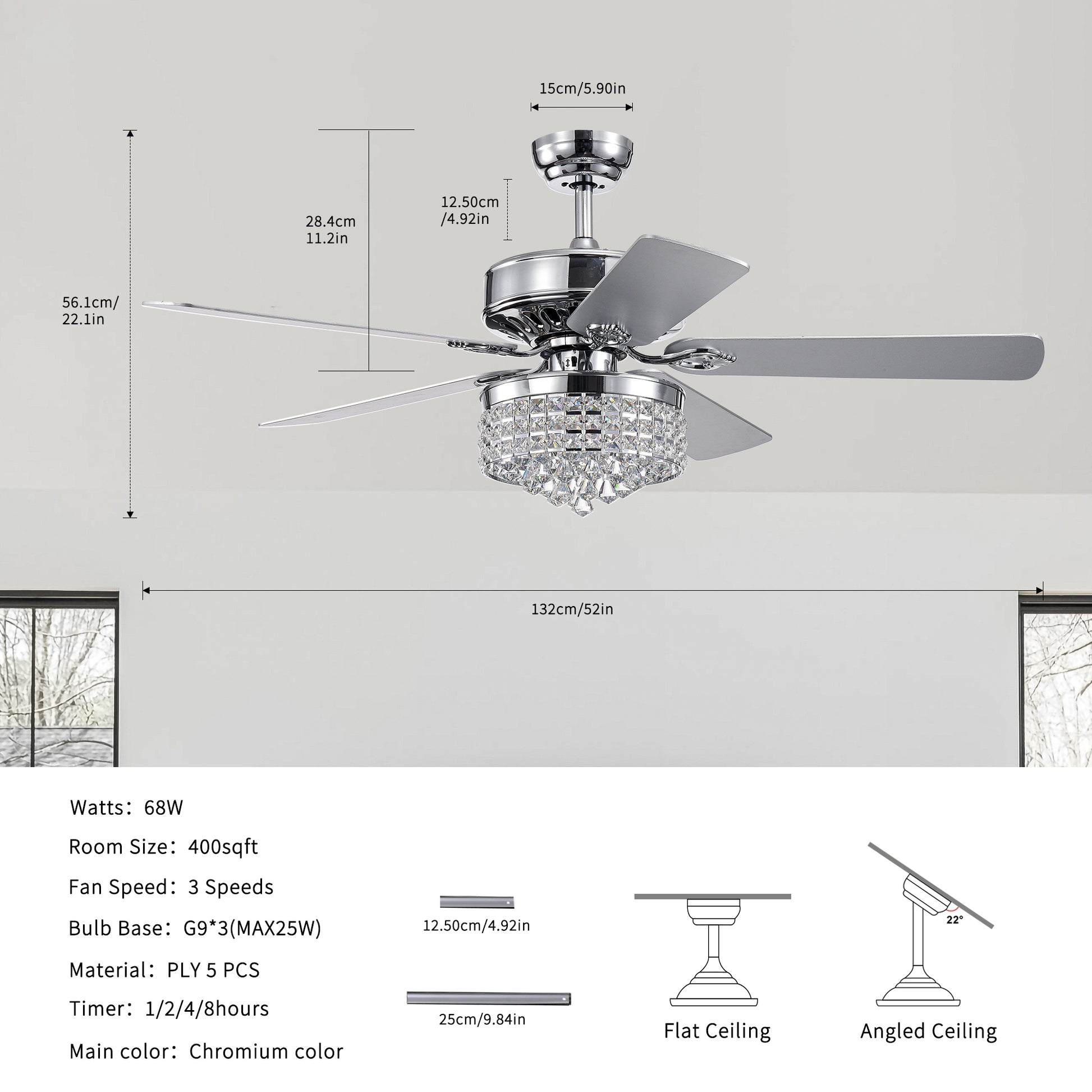 52Inch Crystal Ceiling Fan With Lights, 5 Wood Bladesmodern Fandelier Ceiling Fan With Noiseless Motor, Chandelier Fan With Remote For Bedroom,Living Room Chrome3*G9 Bulb Chrome American Design,American Traditional,Antique,Farmhouse,Industrial Plywood