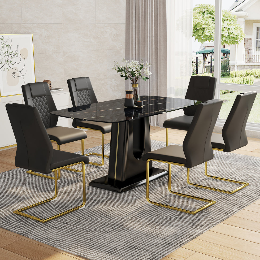 Table And Chair Set, Minimalist Dining Table, Imitation Marble Patterned Glass Tabletop, Mdf Legs With U Shaped Brackets. Paired With Comfortable Chairs, Suitable For Dining And Living Rooms. Black Gold Mdf Glass