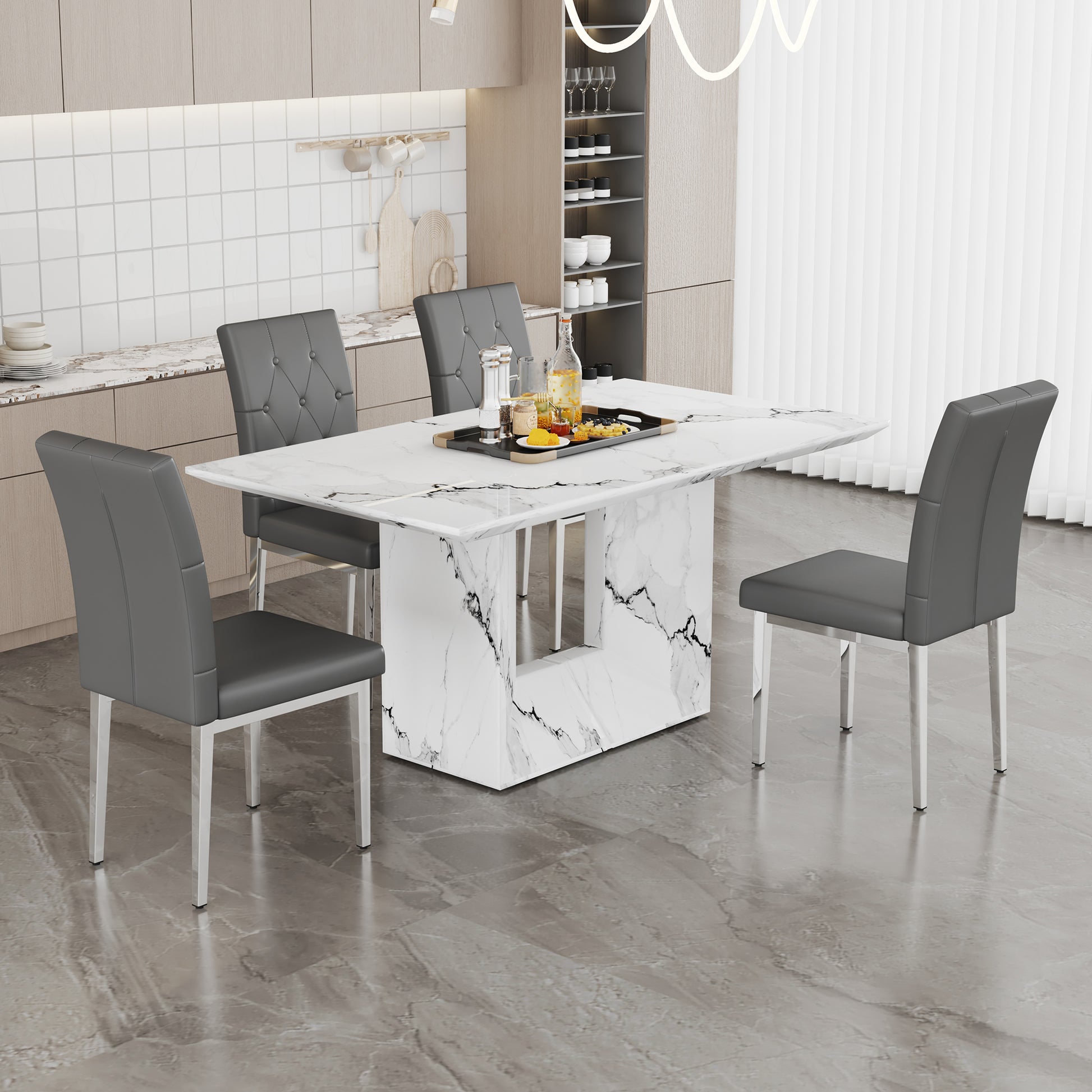 Table And Chair Set.63"X35.4" White Marble Patterned Mdf Dining Table Set With 4 Armless Dark Gray Pu Chairs.Showcasing A Modern And Stylish Look. Dark Gray,White Seats 4 Mdf Metal