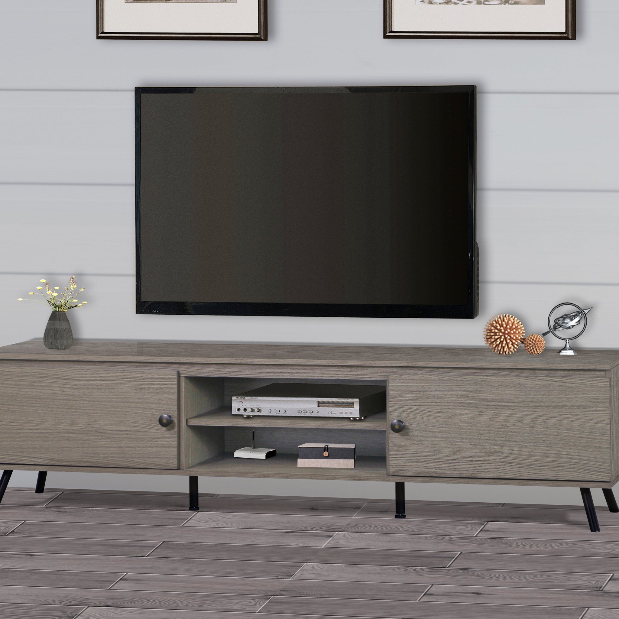 Tv Stand "Elegant Walnut Wood Grain Media Console And Tv Stand With Storage Versatile Modern Entertainment Center For Contemporary Living Room Supports Up To 75 Inch Tvs" Grey 70 79 Inches Solid Wood