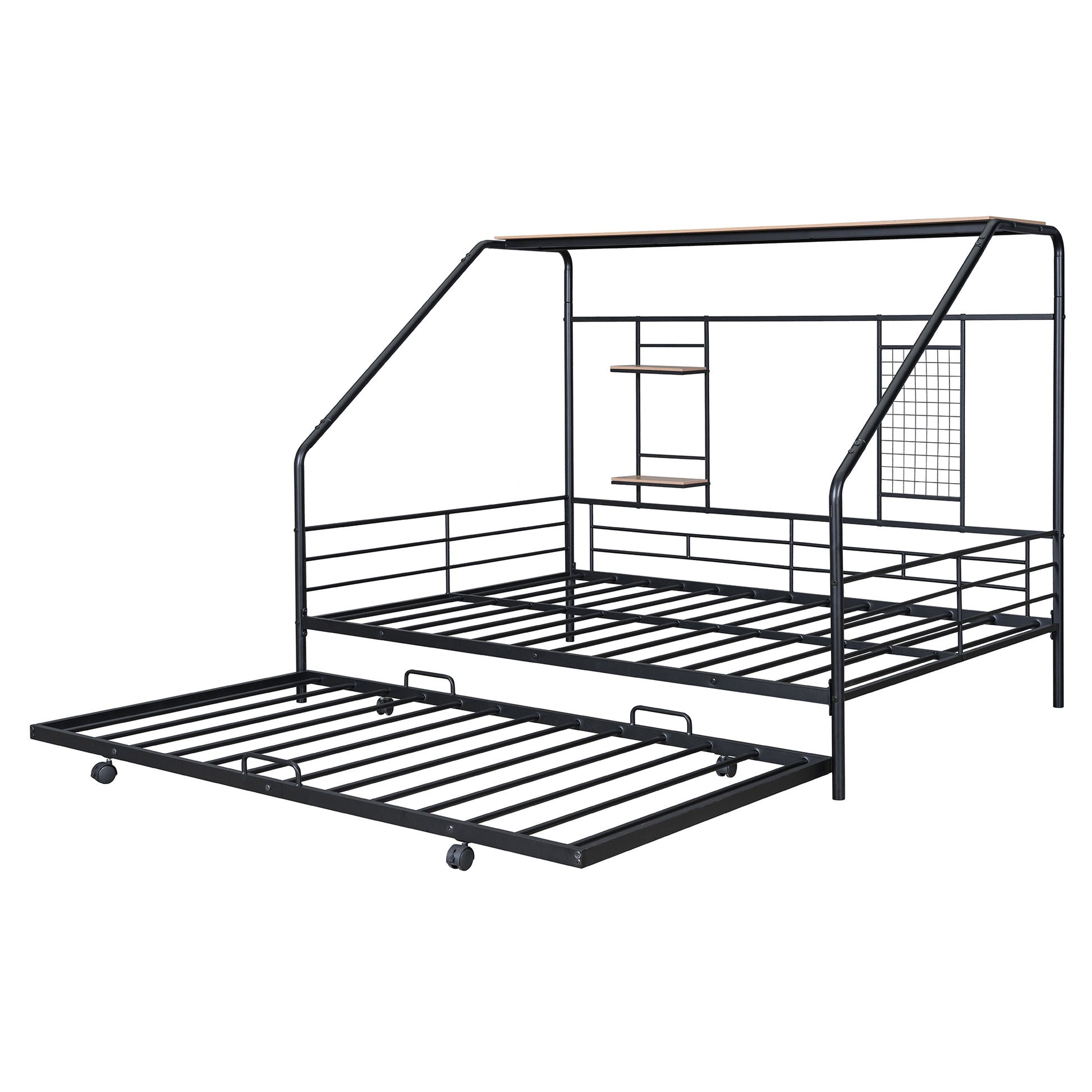 Full Size Metal House Bed With Trundle, Black Full Black Metal
