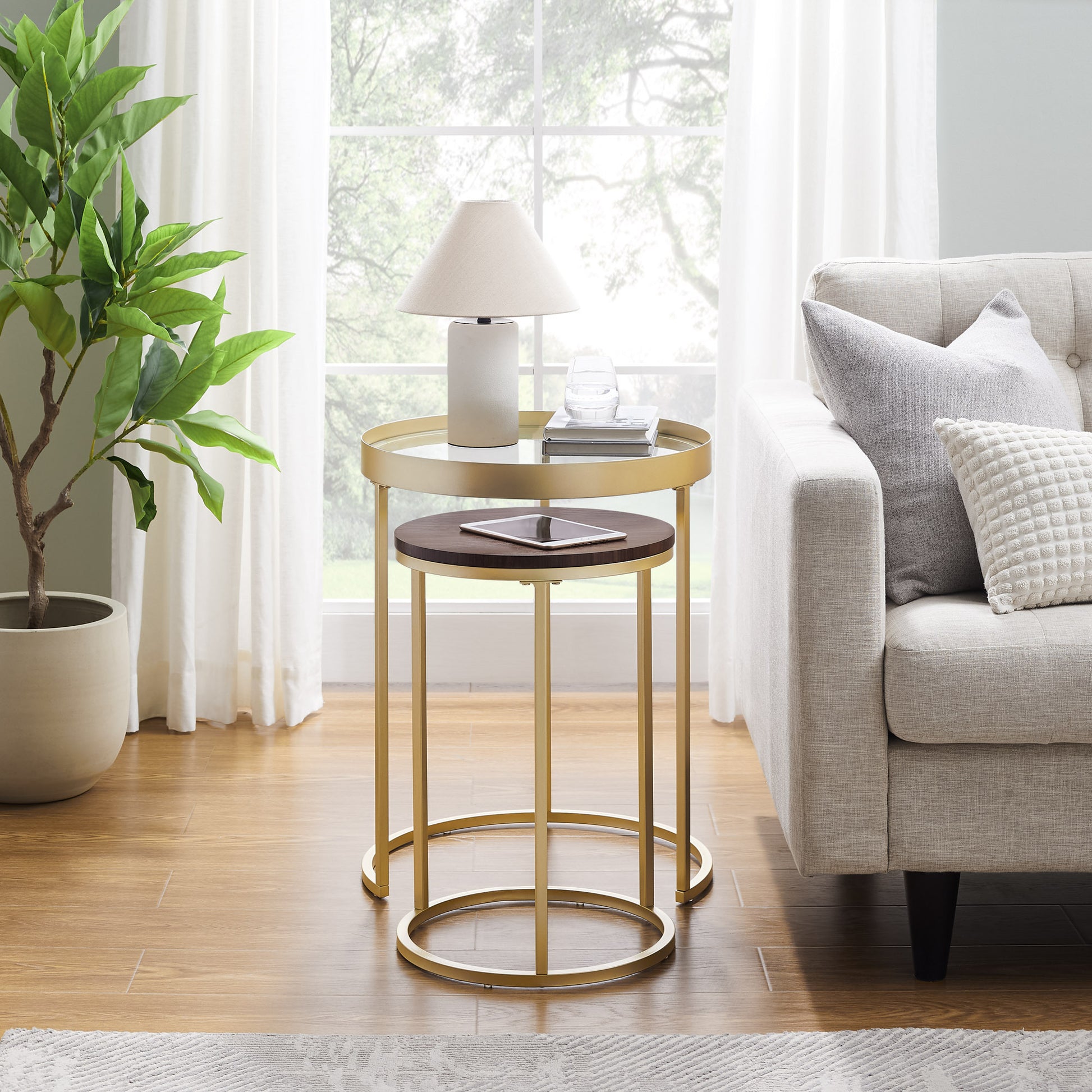 Contemporary Gold Metal Nesting Side Tables Dark Walnut Pale Gold Dark Brown Mdf