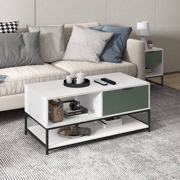 Watson 39" White And Green Wood Coffee Table Steel Frame With Shelves And Drawer White Metal & Wood