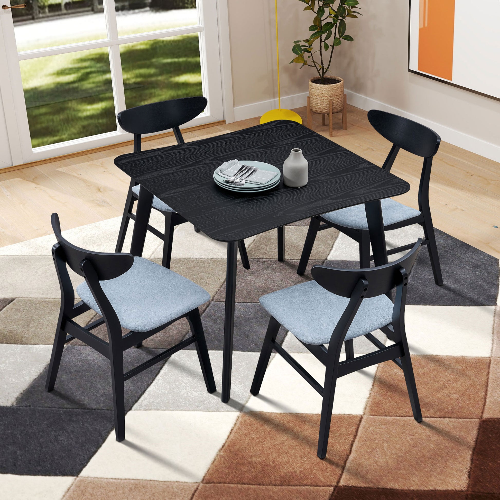 1 Table With 4 Chairs Wooden Dining Table Set, Modern Simple Design Square Kitchen Table And Fabric Upholstered Dining Chairs For Dining Room, Kitchen, Saving Space,Black Black Solid Wood Mdf