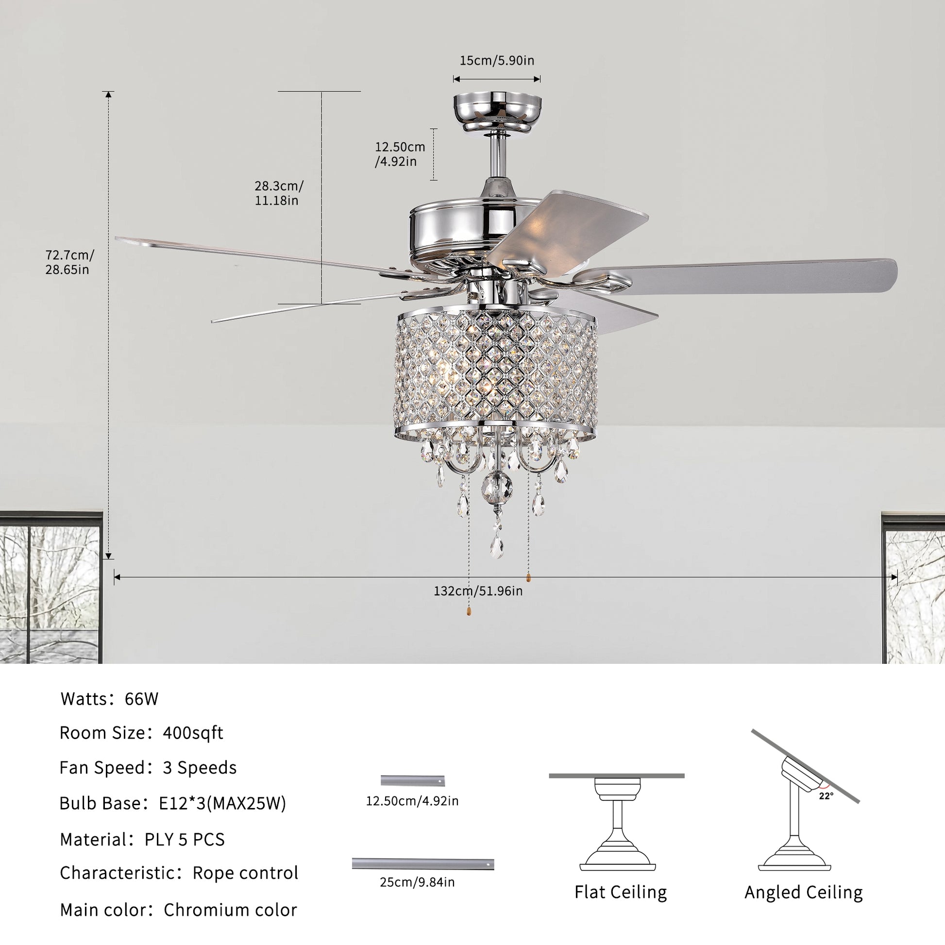 52'' Classical Crystal Ceiling Fan Lamp 3 Speed Hand Pull Chain High, Mid, Low , 5 Reversible Blades For Living Room, Dining Room, Bedroom, Family Room, Chrome ,3Pcs*E12 No Include Bulb Chrome American Traditional,Antique,Classic,Contemporary Crystal