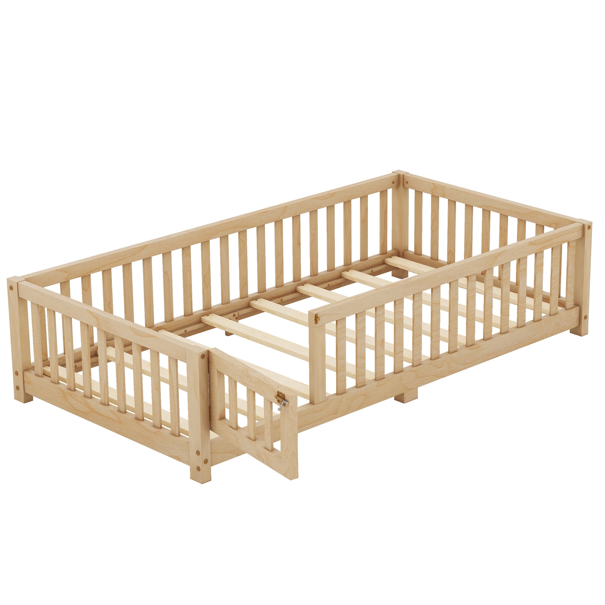 Twin Size Bed Floor Bed With Safety Guardrails And Door For Kids, Natural Old Sku: W158090686 Twin Natural Pine