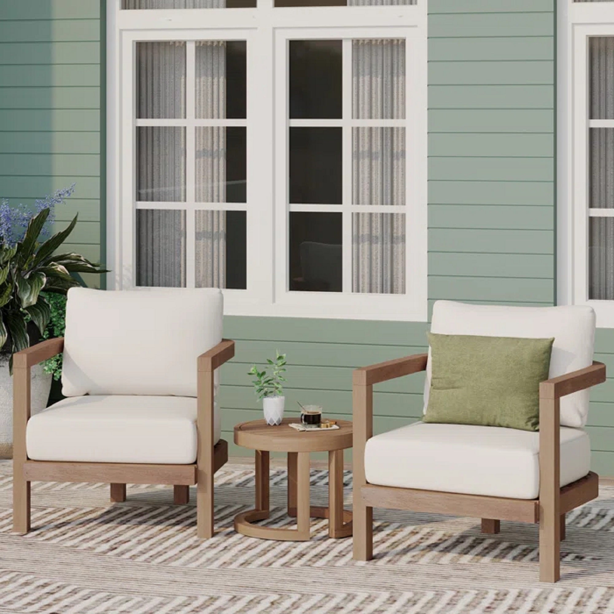 Patio Set 3 Piece Acacia Wood Outdoor Furniture Conversation Seat With Table For Porch, Garden, Backyard, Balcony, Brown Wash, Beige Cushion Yes Deep Seating Brown Beige Seats 2 Garden & Outdoor 2 Person Seating Group Foam Acacia Wood