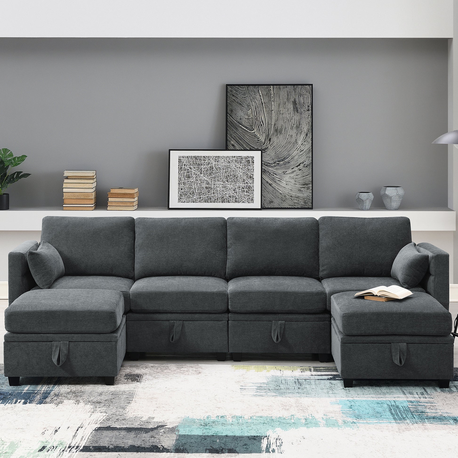 109*54.7" Chenille Modular Sectional Sofa,U Shaped Couch With Adjustable Armrests And Backrests,6 Seat Reversible Sofa Bed With Storage Seats For Living Room, Apartment,2 Colors Grey Chenille 6 Seat