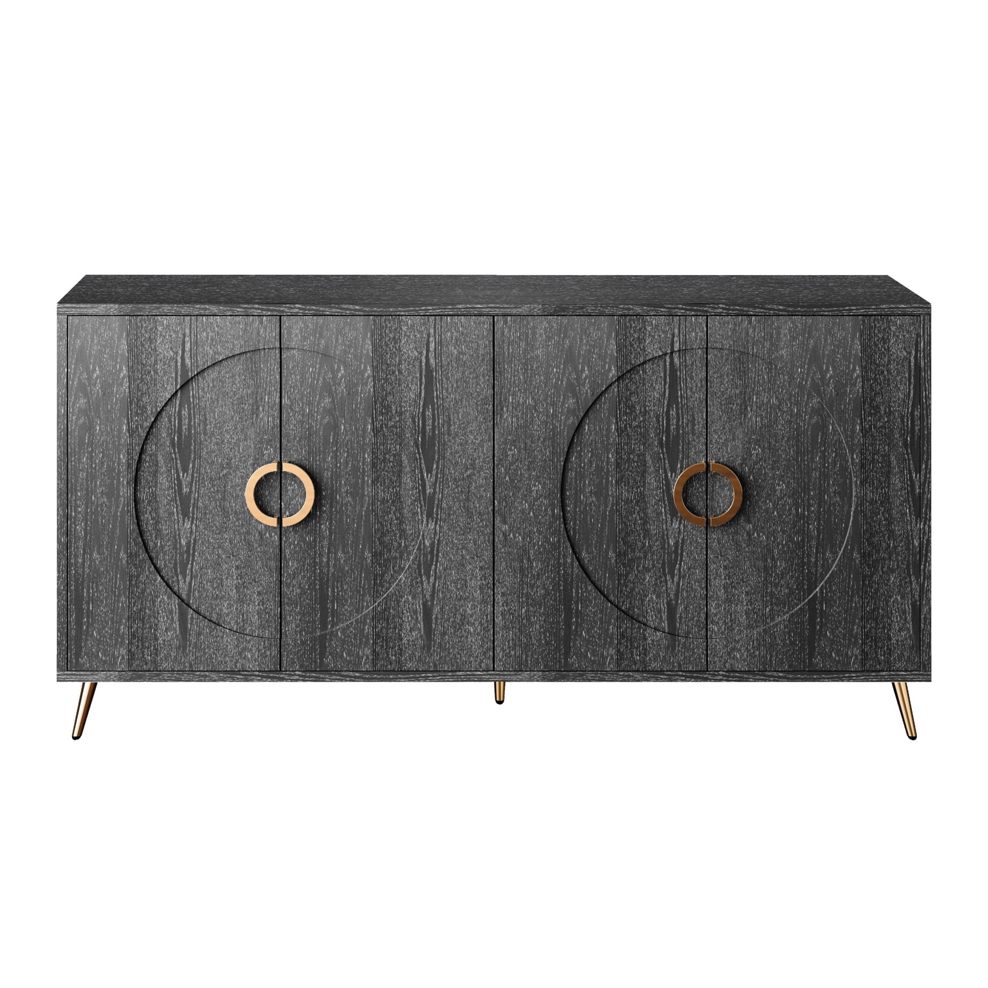 Modern Lacquered 4 Door Wooden Cabinet Sideboard Buffet Server Cabinet Storage Cabinet, For Living Room, Entryway, Hallway, Office, Kitchen And Dining Room, Distressed Black Lacquered Distressed Black Adjustable Shelves Engineered Wood