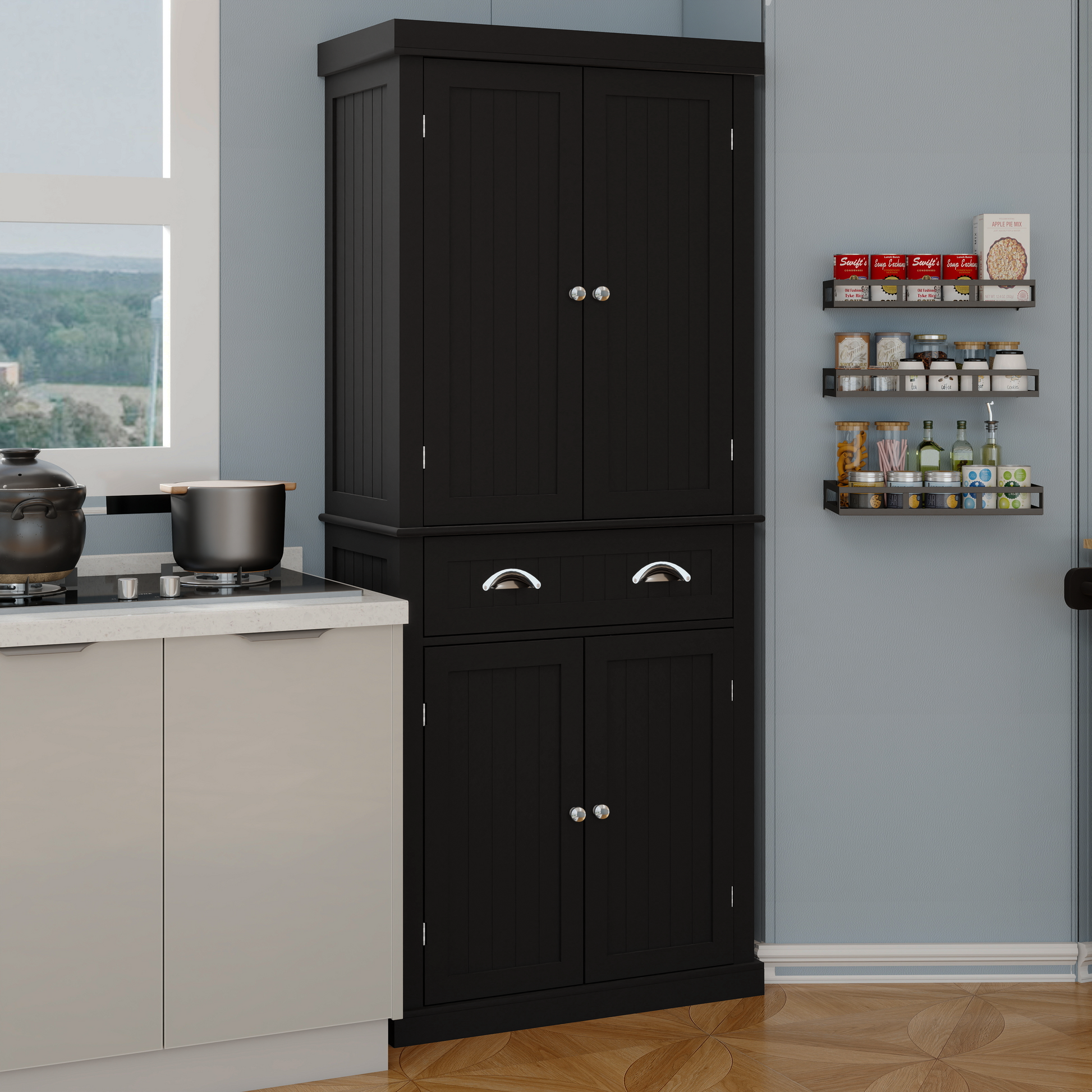 71" Kitchen Pantry Storage Cabinetwith 4 Doors, Drawer, 2 Adjustable Shelves, Freestanding Cupboard For Dining Room Living Room, Laundry Black Black Mdf