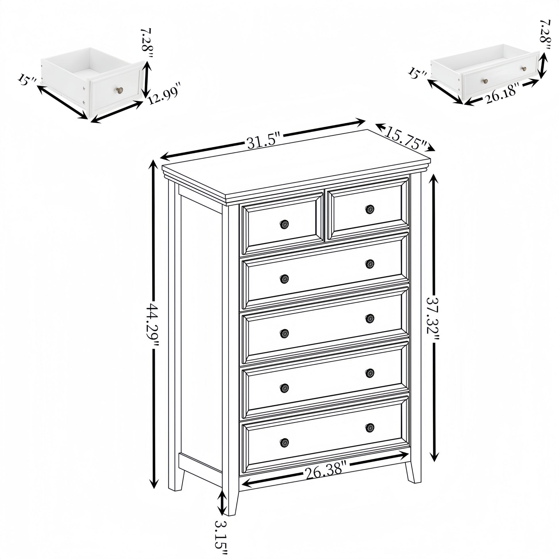 Modern 6 Drawers Dresser 6 Drawers Cabinet,Chest Of Drawers Closet Organizers And Storage Clothes Storage Drawers Cabinet For Living Room, Farmhouse Dresser Organizer White White Mdf